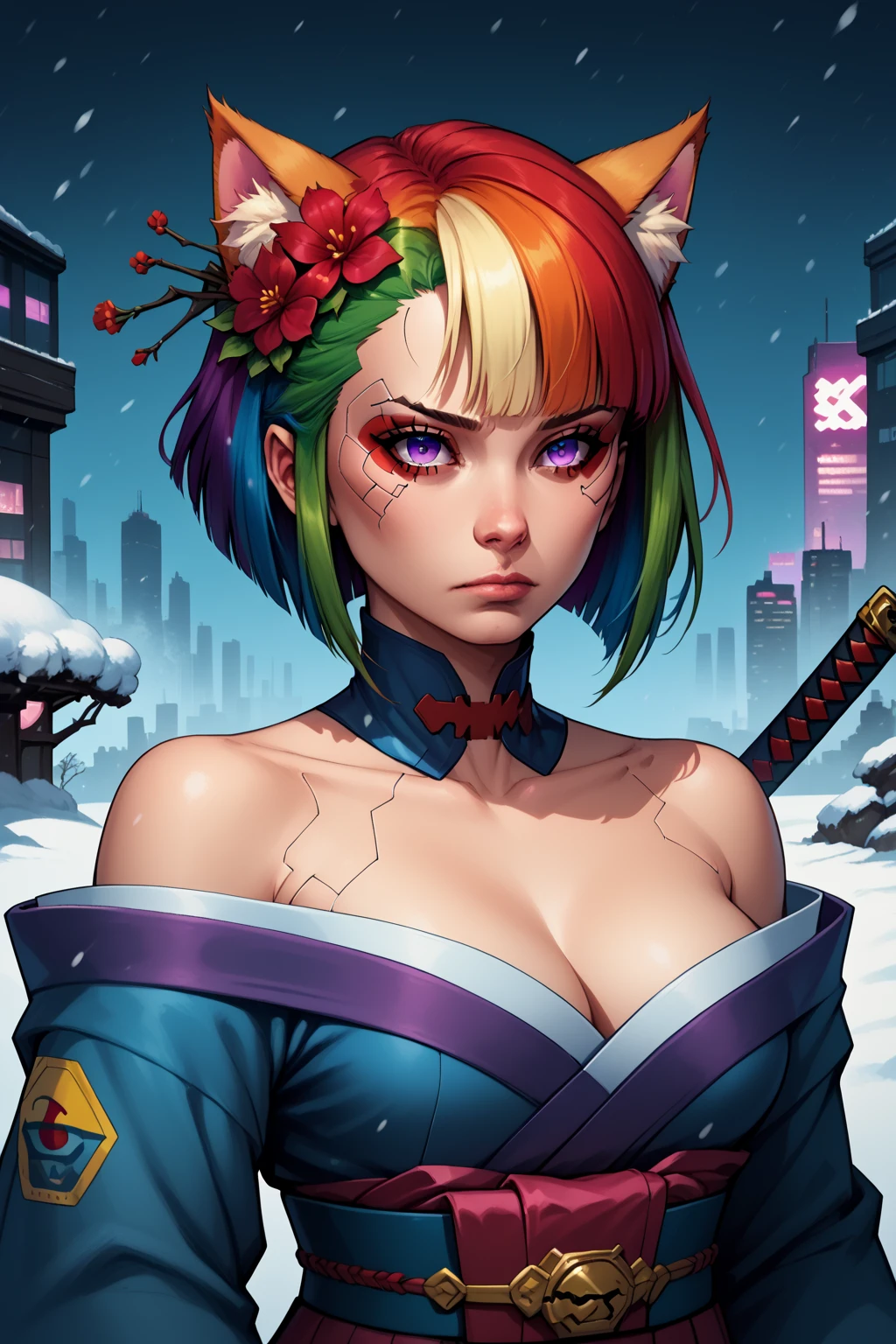 masterpiece, intricate detail,best quality, 1girl, solo, animal ears, weapon, sword, rainbow hair, multicolored hair, ((cyberpunk)), hair ornament, flower, snow, hair flower, katana, breasts, bare shoulders, japanese clothes, snowing, bangs, upper body, animal ear fluff, off shoulder, closed mouth, kimono, branch, extra ears, cleavage, detached collar, makeup, medium hair, sheath, red flower, lips, depth of field, city background, ribbon, medium breasts, sheathed, short hair, winter, purple eyes, cat ears beautiful, sexy,, zPDXL PonyXLV6_Scores PnyCmicXLPOS