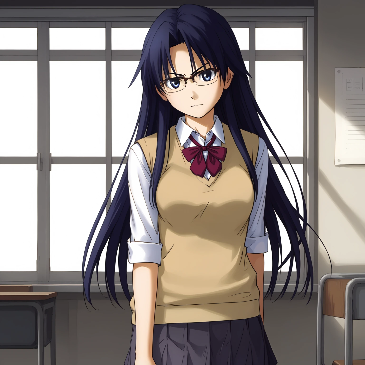 <lora:DEKOBOKOXLpony003>,
Yuki,1girl,dark blue hair,long hair,dark blue eyes,eyewear,
collared_shirt,sweater_vest,ribbon tie,
pleated_skirt,