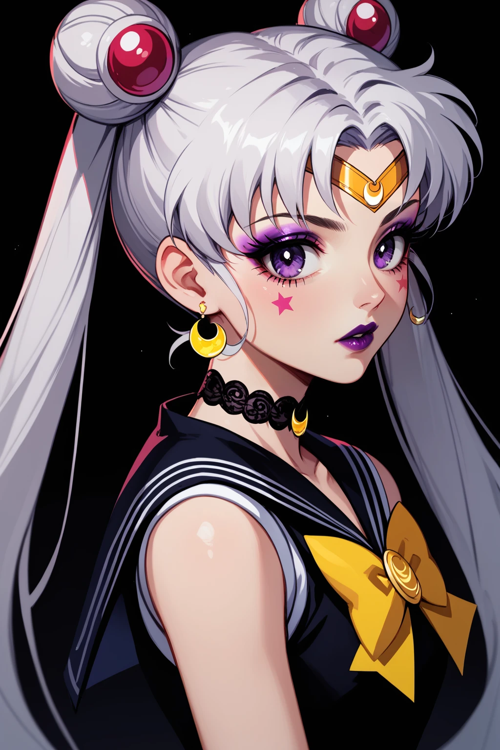 Alternative Sailor Moon, 1girl, solo, long hair, looking at viewer, bangs, shirt, hair ornament, bow, twintails, jewelry, purple eyes, upper body, white hair, earrings, parted lips, sleeveless, choker, bowtie, sailor collar, hair bun, from side, parted bangs, black shirt, eyelashes, sleeveless shirt, double bun, makeup, facial mark, lipstick, crescent, black background, tassel, yellow bow, eyeshadow, circlet, forehead mark, alternate eye color, alternate hair color, star earrings, dark persona, sailor senshi uniform, purple lips, crescent earrings, crescent facial mark, PonyXLV6_Scores, <lora:AltMoonPonyXL:1>