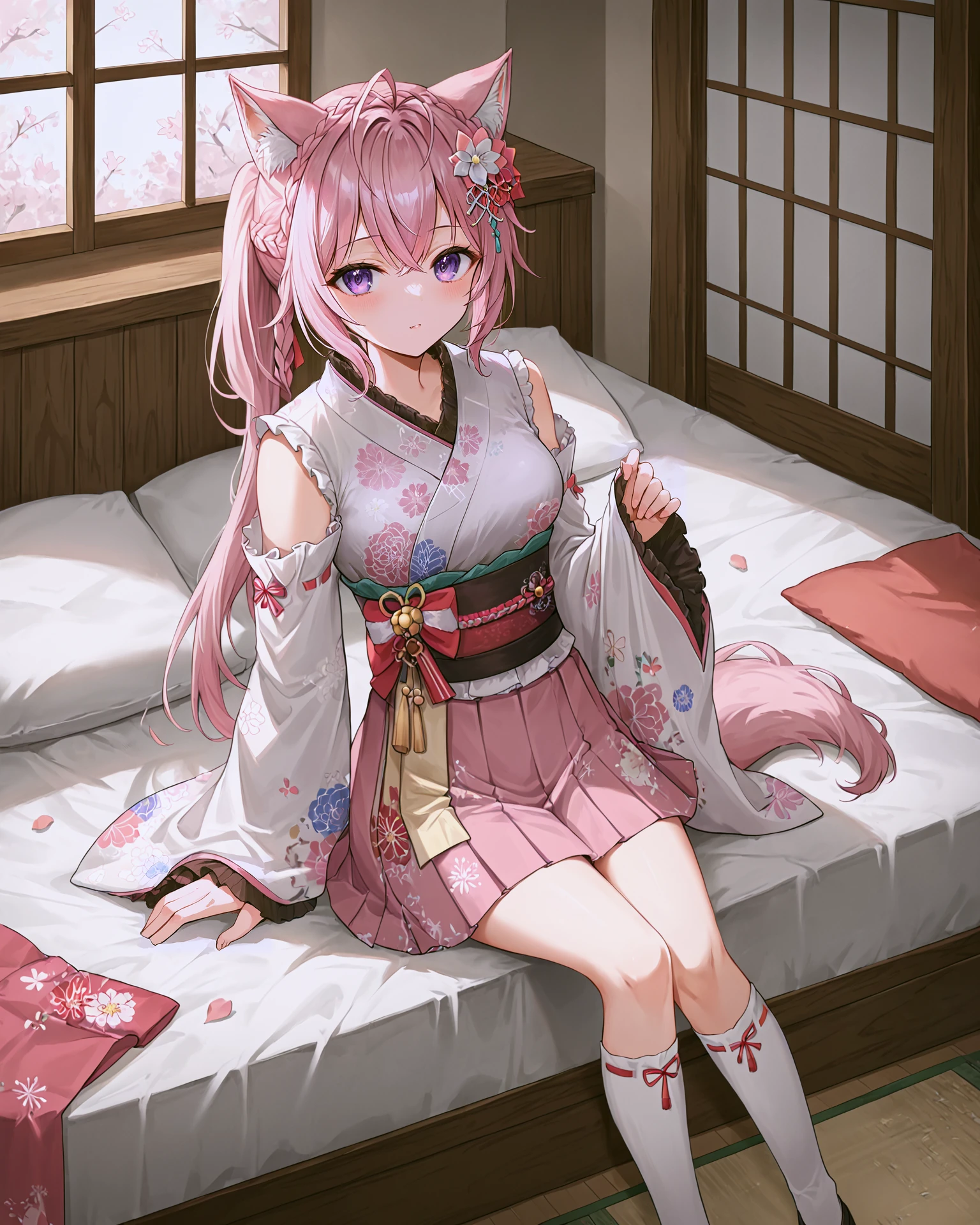 <lora:HOLOLIVE_Hakui_Koyori_XL:0.7> hakui koyori, purple eyes, pink hair, bangs, crossed bangs, hair between eyes, ahoge, braid, hair ornament, animal ears, animal ear fluff, tail, long hair, crown braid, ponytail, side ponytail, flower, hair flower, bow, fur collar, fur scarf, kimono, pink kimono, frilled kimono, japanese clothes, floral print, sash, obi, long sleeves, wide sleeves, frilled sleeves, skirt, pink skirt, pleated skirt, frills, socks, white socks, kneehighs, geta,, <lora:9_Detail_Tweaker_XL:0.8>, score_9, score_8_up, score_7_up, source_anime, masterpiece, best quality, highly detailed background, cinematic lighting, detailed eyes, perfect face,, lazy, teenager room, messy, bedroom, bed sheet, closet,