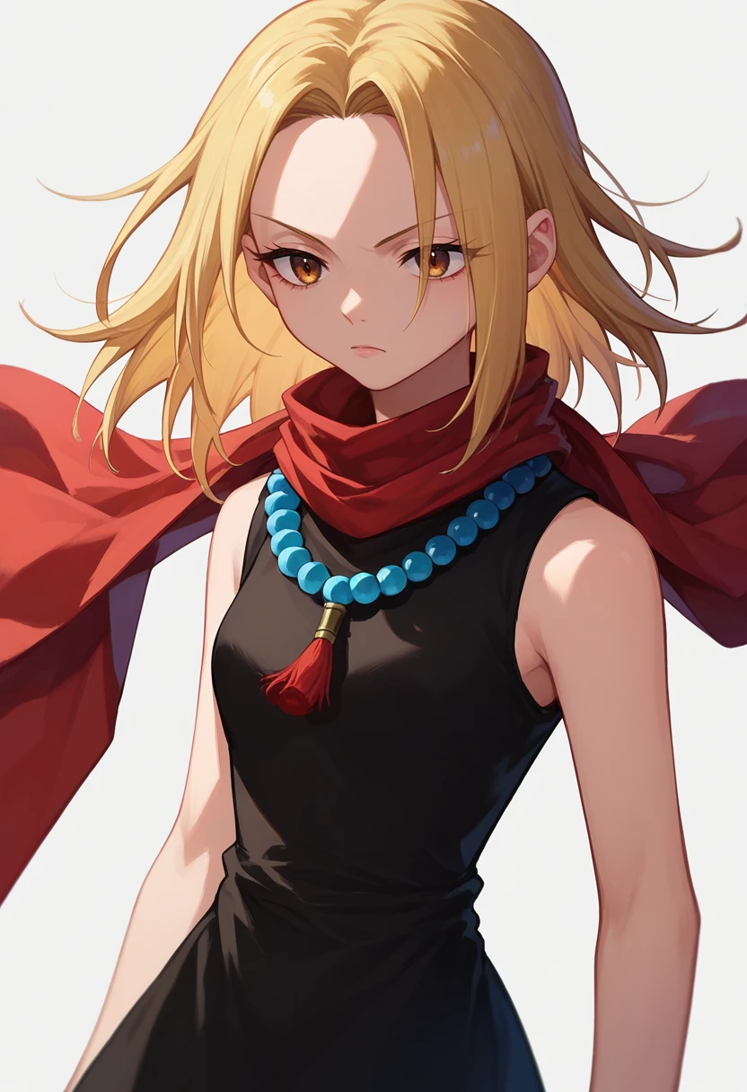 score_9, score_8_up, score_7_up, 1girl, kyouyama anna, blonde hair, short hair, brown eyes, black dress, bead necklace, red scarf, sleeveless, <lora:Anna DORA-000009:1>