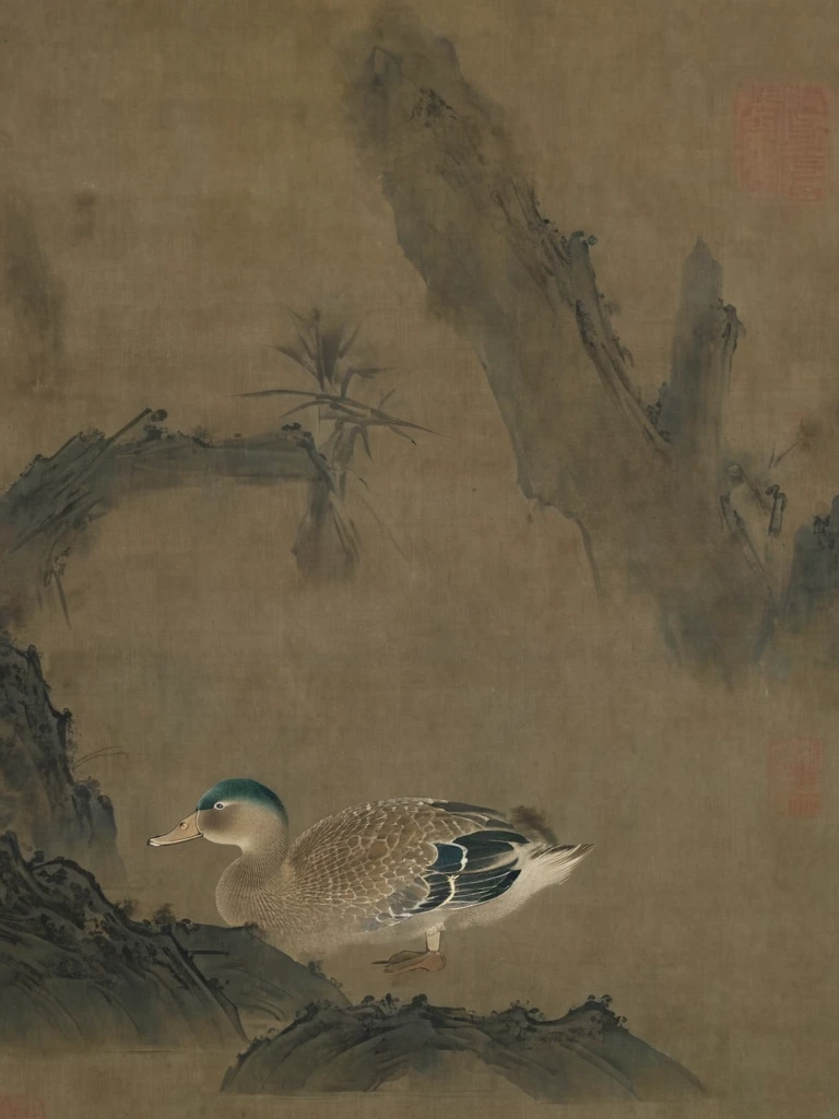 Song Dynasty flower and bird painting, ink painting, Wild ducks, a Wild duck flying in the sky, a Wild duck swimming in the water. Excellent, Extreme Detail, 8K