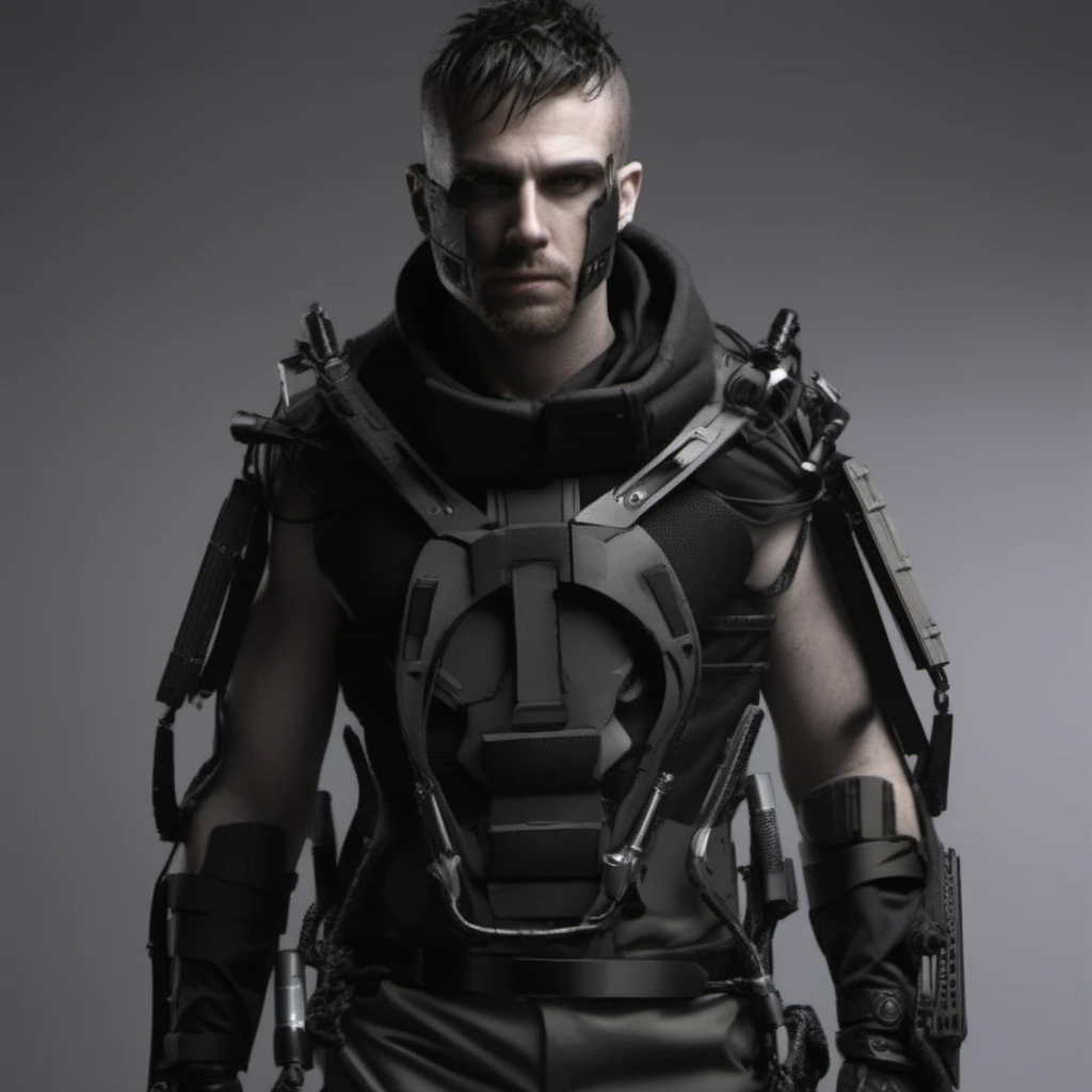 Dystopian style a man in a futuristic suit <lora:Elysium1024:0.8> . Bleak, post-apocalyptic, somber, dramatic, highly detailed
