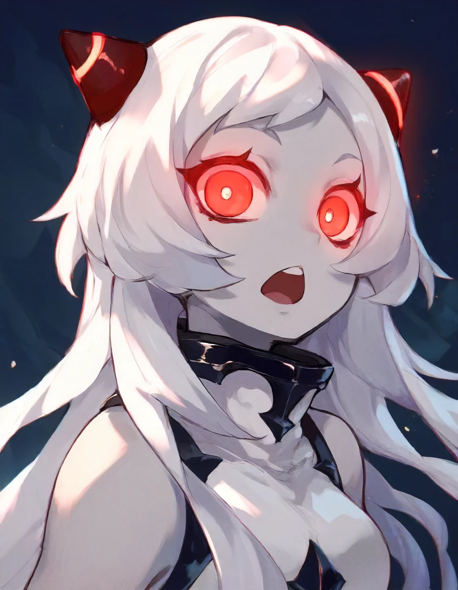 score_9,score_8_up, score_7_up,source_anime,1girl,upper body,looking at viewer,
<lora:airfieldprincess_ponyXLV6:0.7>,asafpr,night,dark theme,
white skin,white hair,long hair,short bangs,horns,red eyes,glowing eyes,open mouth,
white leotard