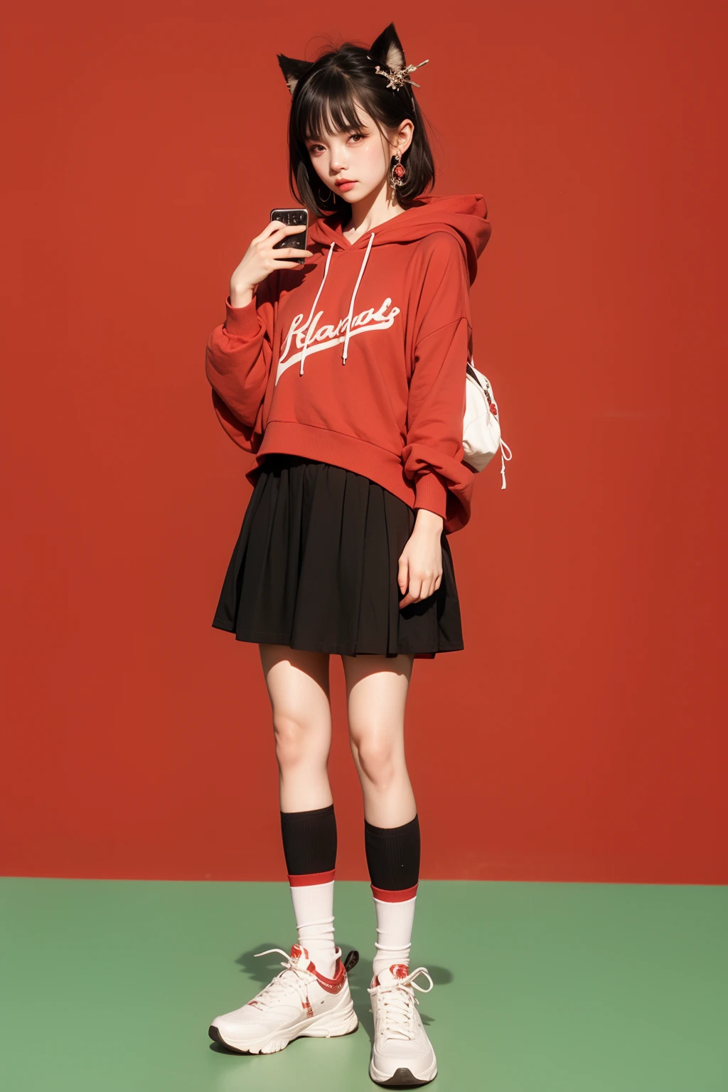 1girl, red eyes, red background, hood, backpack, cat, red hoodie, drawstring, black hair, shoes, hood down, hoodie, long sleeves, solo, bag, holding, hair ornament, english text, socks, earrings, white footwear, bangs, looking at viewer, jewelry, sneakers, phone, standing, blush, full body, skirt, medium hair, black socks, hairclip, red theme, speech bubble, holding phone, closed mouth, cellphone, sleeves past wrists, animal, short hair, simple background, black skirt, romaji text,