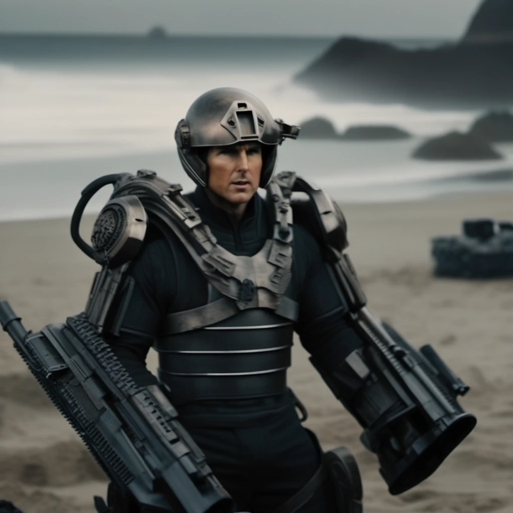 Dystopian style cinematic photo of tom cruise wears a black futuristic light armor, helmet, beach background <lora:Exosuit1024:0.9> . 35mm photograph, film, bokeh, professional, 4k, highly detailed . Bleak, post-apocalyptic, somber, dramatic, highly detailed