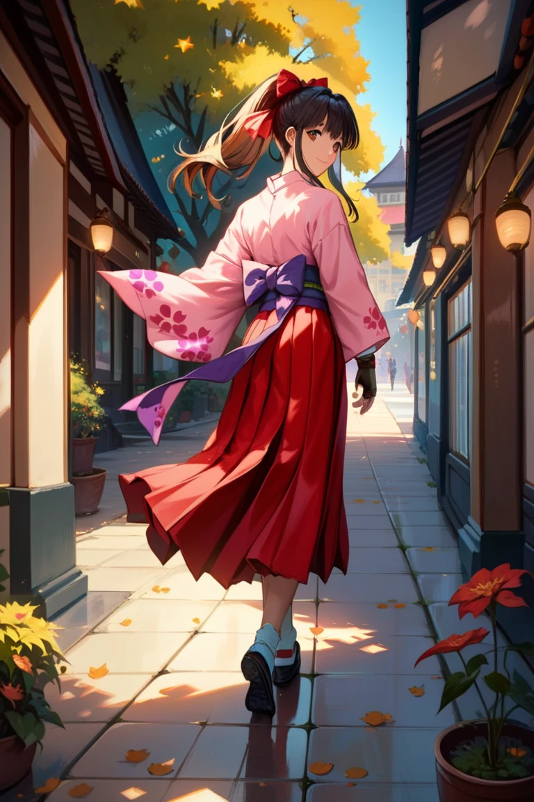 score_9, score_8_up, score_7_up, very aesthetic, source_anime, detailed, high quality, beautiful, masterpiece, detailed eyes,
cityscape, street, sakura tree,
<lora:lightXL:0.8>
from side,
walking, looking back, light smile,
<lora:sakuraS_autismConfetti_v01:0.95>
sakurabase, black hair, hair ribbon, red bow, brown hair, sidelocks, bangs,  ponytail
 japanese clothes, red hakama, pink kimono, meiji schoolgirl uniform, purple sash, fingerless gloves, green obijime,, zPDXL