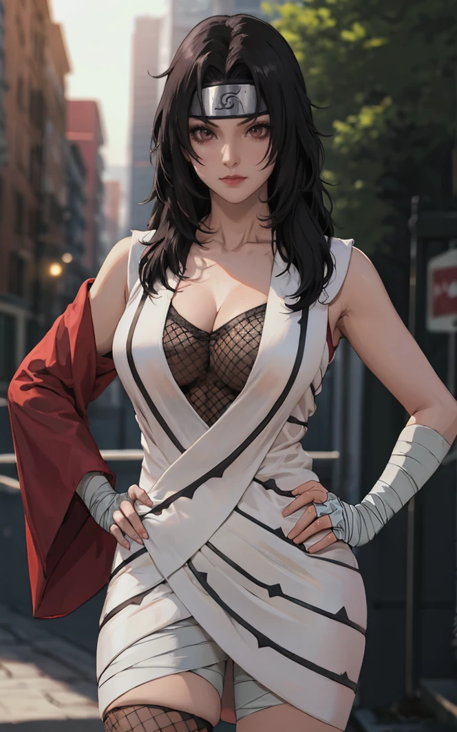 outdoors, lens flare, depth of field, bokeh, vanishing point, solo, looking at viewer, BREAK ((masterpiece, best quality)), 
NinjaWhiteDress_KurenaiYuhi_ownwaifu, 
1girl, forehead protector, black hair, long hair, red eyes, headband, makeup, lipstick, konohagakure symbol,  collarbone, red lips, large breasts, 
ninja, bandages, bandaged arm, fishnet top, bandaged hand, sleeveless, bandaged leg, cleavage, long sleeves, asymmetrical sleeves, single sleeve, vest,
(contrapposto, hand on hip)<lora:NARUTO_Kunoichi_KurenaiYuhi_ownwaifu:0.8>, 
 insaneres, absurdres,