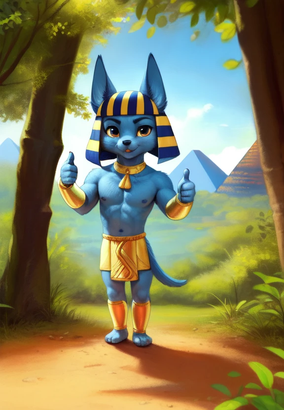 <lora:KingNachoCharactI:0.8> KingNachoCharactI, egyptian clothes, dog, 
[road, earth, forest, trees, sky, clouds, mountains,] solo, chibi, (thumbs up)
looking at viewer, to his full height, (beautiful, aesthetic, perfect, delicate, intricate, masterpiece, )
[by kenket|by totesfleisch8], by thebigslick:by silverfox5213:0.8], [by syuro, by paloma-paloma::0.2, (Tricksta, TotesFleisch8)