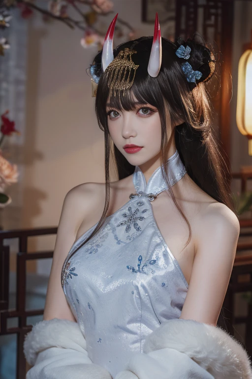 ltra-detailed,highly detailed,best quality,masterpiece,illustration,realistic,photorealistic,
noshiro,dxq,
1girl, solo, oni horns, official alternate costume,
china dress, chinese clothes, sleeveless dress, bare shoulders, pelvic curtain,
hair ornament, long hair, hair flower, hair bun, bangs, double bun,
looking at viewer, upper body,
flower, window, indoors, 大きな胸