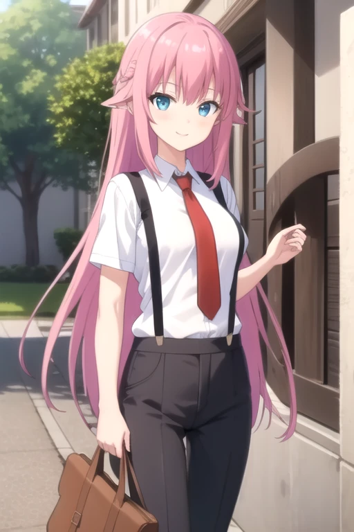 ((masterpiece)),(best quality),official art,extremely delicate and beautiful,extremely detailed CG,unity 8k wallpaper,ultra detailed,beautiful detailed eyes,extremely detailed face,outdoors,1girl,solo,cowboy shot,looking at viewer,facing viewer,smile,(petite:1.3),very long hair,pink hair,sidelocks,bangs,blue eyes,suspenders,collared shirt,white shirt,red necktie,huge breasts,short sleeves,suit pants,grey pants,brown footwear,<lora:Aizawa Suzuka(remake):0.8>,
