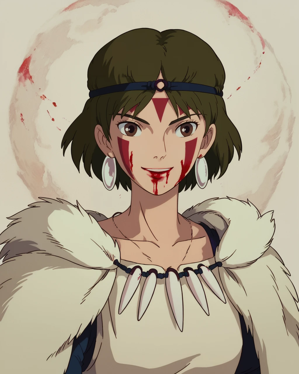 score_9, score_8_up, score_7_up, source_anime, anime coloring, zPDXL, Ghiblistyle, 1girl, solo, looking at viewer, smile, short hair, brown hair, brown eyes, jewelry, earrings, necklace, blood, headband, facial mark, blood on face, facepaint, fur, <lora:Ghibli_style_PDXL:1>