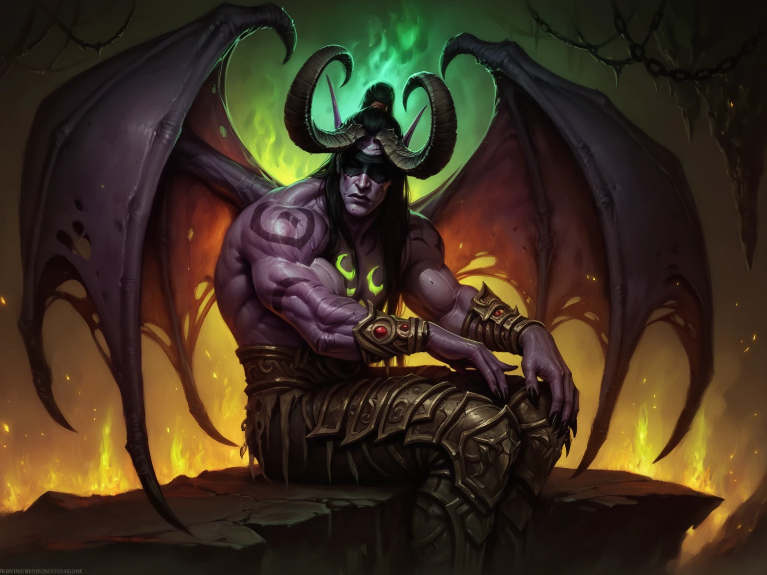 1boy, burly muscular ilidari, scar, purple skin, wings, horns, bright green eyes, long mulet hair, tattoo, bandages, thong, green magic, ruins, water, reflection, volumetric lighting, best quality, masterpiece, realistic,