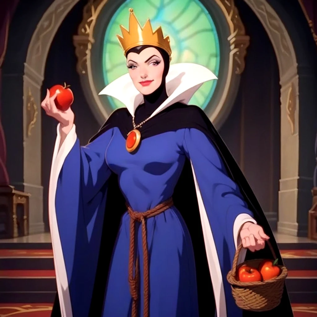 grimhilde, 1girl, cape, cloak, crown, dress,  makeup, retro artstyle, throne room, robe, wicked smile, basket, holding apple, reaching towards viewer,  looking at viewer, 
score_9,score_8_up,score_7_up,source_cartoon,
<lora:evil_queen_grimhilde-000045:1>