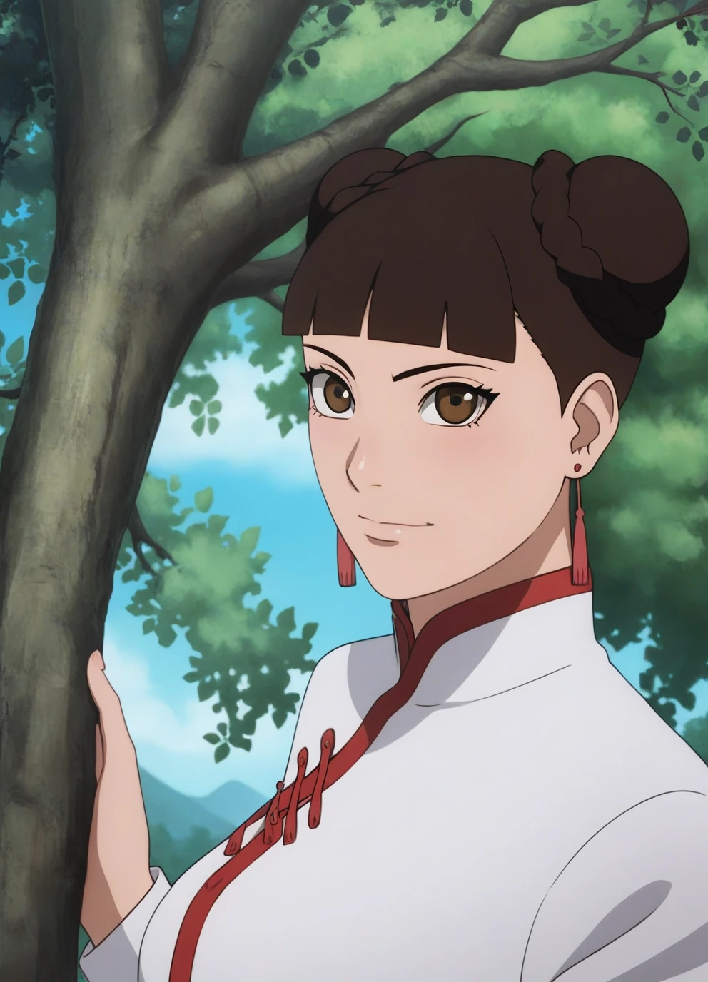 score_9, score_8_up, score_7_up,1girl,tentenXL,brown hair,hair bun,detailed face, masterpiece,best quality, shiny , wearing a white dress,red earrings,tree branch, <lora:tentenXL:1> looking at viewer,