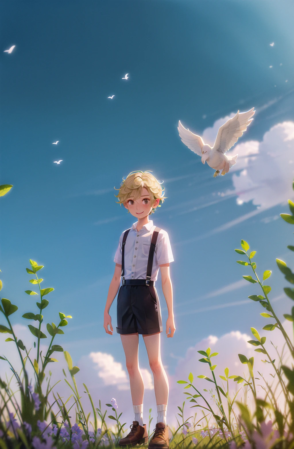 1boy, outdoors, shorts, male focus, shirt, flower, blonde hair, field, bird, solo, socks, sky, suspenders, holding flower, holding, smile, grass, cloud, flock, day, white bird, white flower, aged down, suspender shorts, flower field, blue sky, full body, dove, brown footwear, arms behind back, standing, child, collared shirt, ^_^, :d, , (illustration:1.0), masterpiece, best quality best quality <lora:Euro American animationa:0.78>