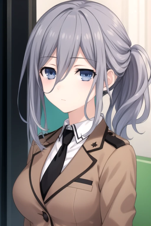 ((masterpiece)),(best quality),official art,extremely delicate and beautiful,extremely detailed CG,unity 8k wallpaper,ultra detailed,beautiful detailed eyes,extremely detailed face,outdoors,1girl,solo,upper body,(portrait:1.5),looking at viewer,facing viewer,deadpan,murasame reine,messy long hair,wavy hair,grey hair,side ponytail,sidelocks,hair between eyes,blue eyes,bags under eyes,sleepy,military uniform,beige jacket,brown wing collar,white shirt,collared shirt,black necktie,large breasts,black skirt,long sleeves,pencil skirt,black pantyhose,high heels,<lora:Murasame Reine(dal)>,<lora:TSNeptunia-000045:0.5>,