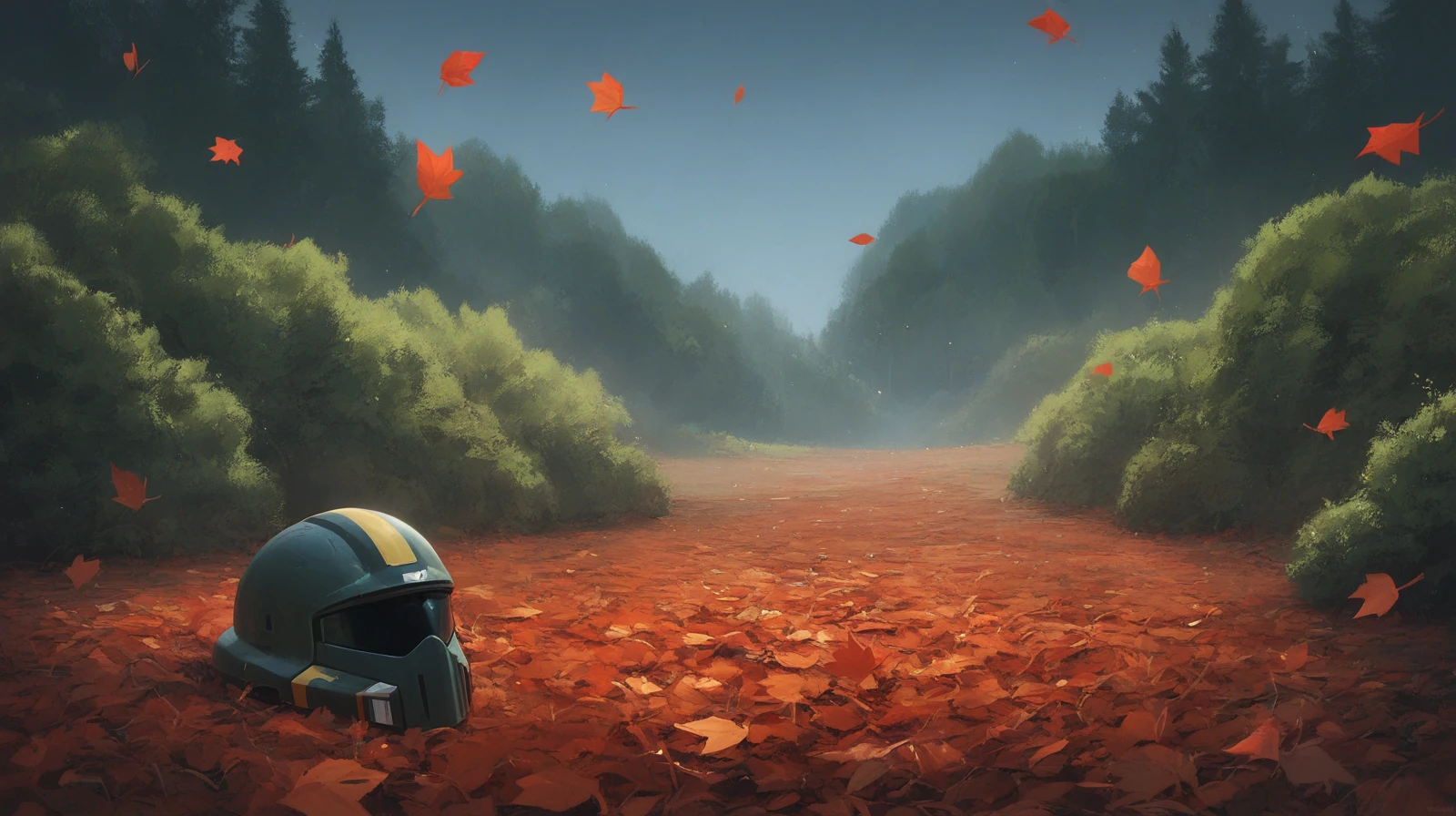 scenery, dramatic, black and yellow accents, helmet on the ground, no humans, outdoors, woods, bushes, red leaves, dark, night sky,<lora:HelldiversXL:0.8>, <lora:Helmet_on_the_ground_PonyXL-000004:0.6>, BREAK score_9, score_8_up, score_7_up, score_6_up, score_5_up,