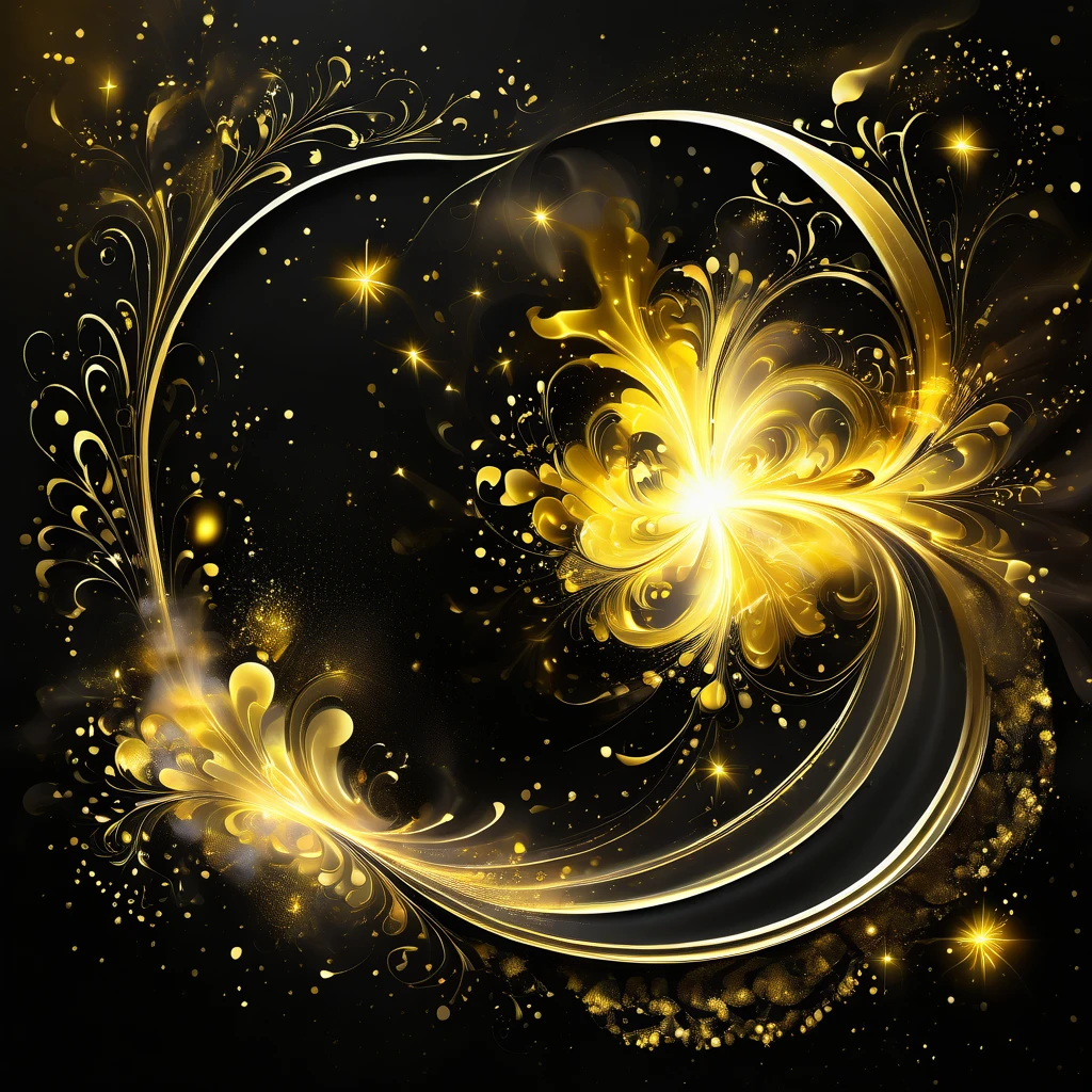 golden patterns, golden and black spirit, liquid gold explosion, golden smoke magic, star dust, golden milky way, black background, magic fog, alcohol ink, stunning digital art object, with splashes of magic inside bright colors and surreal fantasy edge lighting, digital art, bright, beautiful, splashes, sparkling, cute and adorable, filigree fireworks, side lighting, lighting, extreme, magical, surreal, fantasy, digital art , artistic masterpiece,