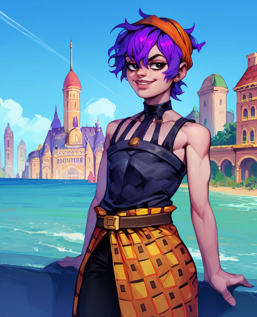score_9,score_8_up,score_7_up,score_6_up,
naranciaxl,short hair,black eyes,dark purple hair,lips,flat chest,smug,
black choker,orange headband,black tank top,belt,orange checkered sarong,black pants,
france,cityscape,ocean,
<lora:NaranciaJJEoH:1>,