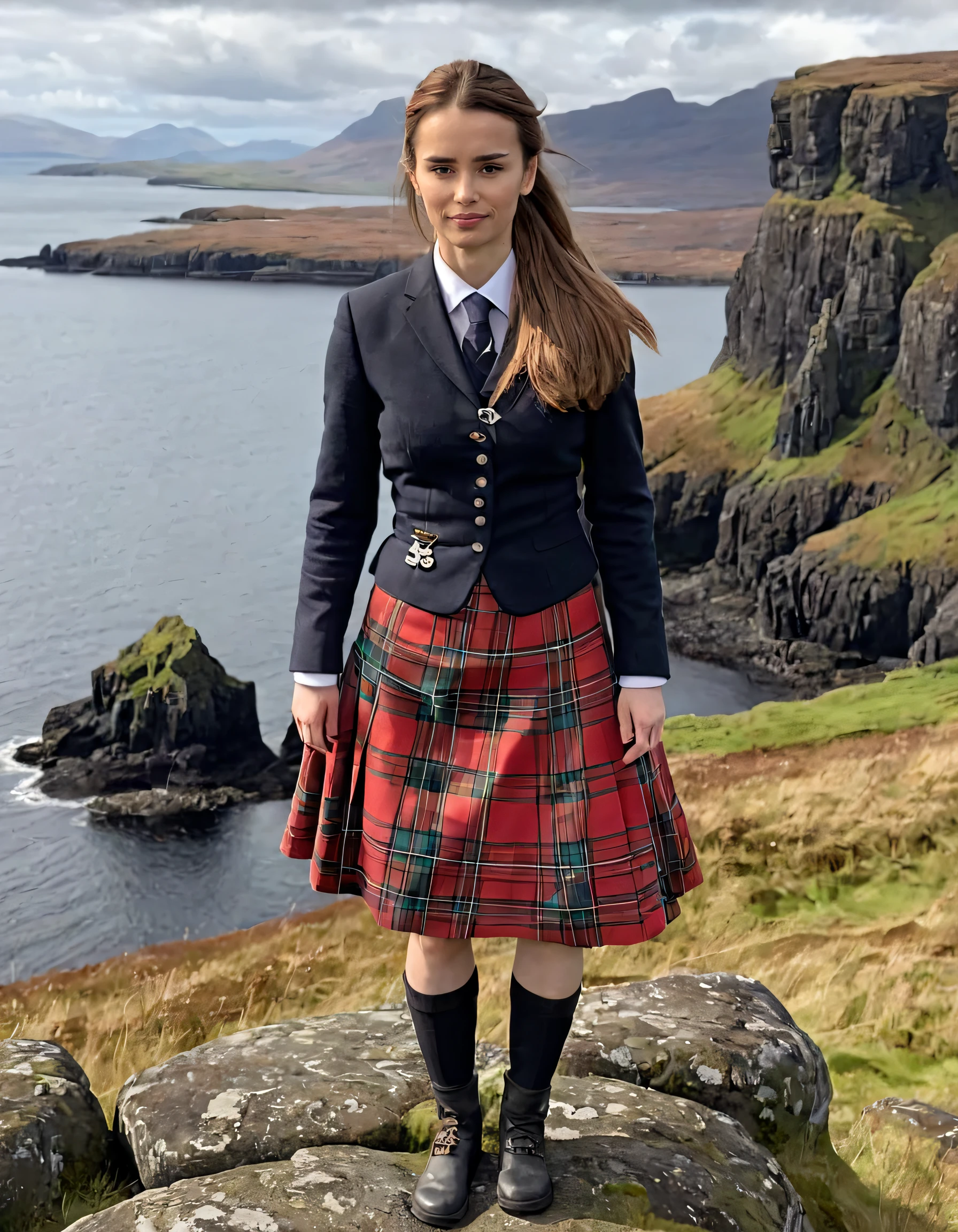On the Isle of Skye in Scotland, Sofia, dressed in a captivating tartan-clad ensemble of Scottish pride, stood on the rugged shorelines beneath the shadow of ancient cliffs that whispered tales, with an air of determination as her weathered seashell and intricately patterned cairn echoed the beauty and resilience of this enchanting land. <lora:njywtl18f1c11aba7t7:1>