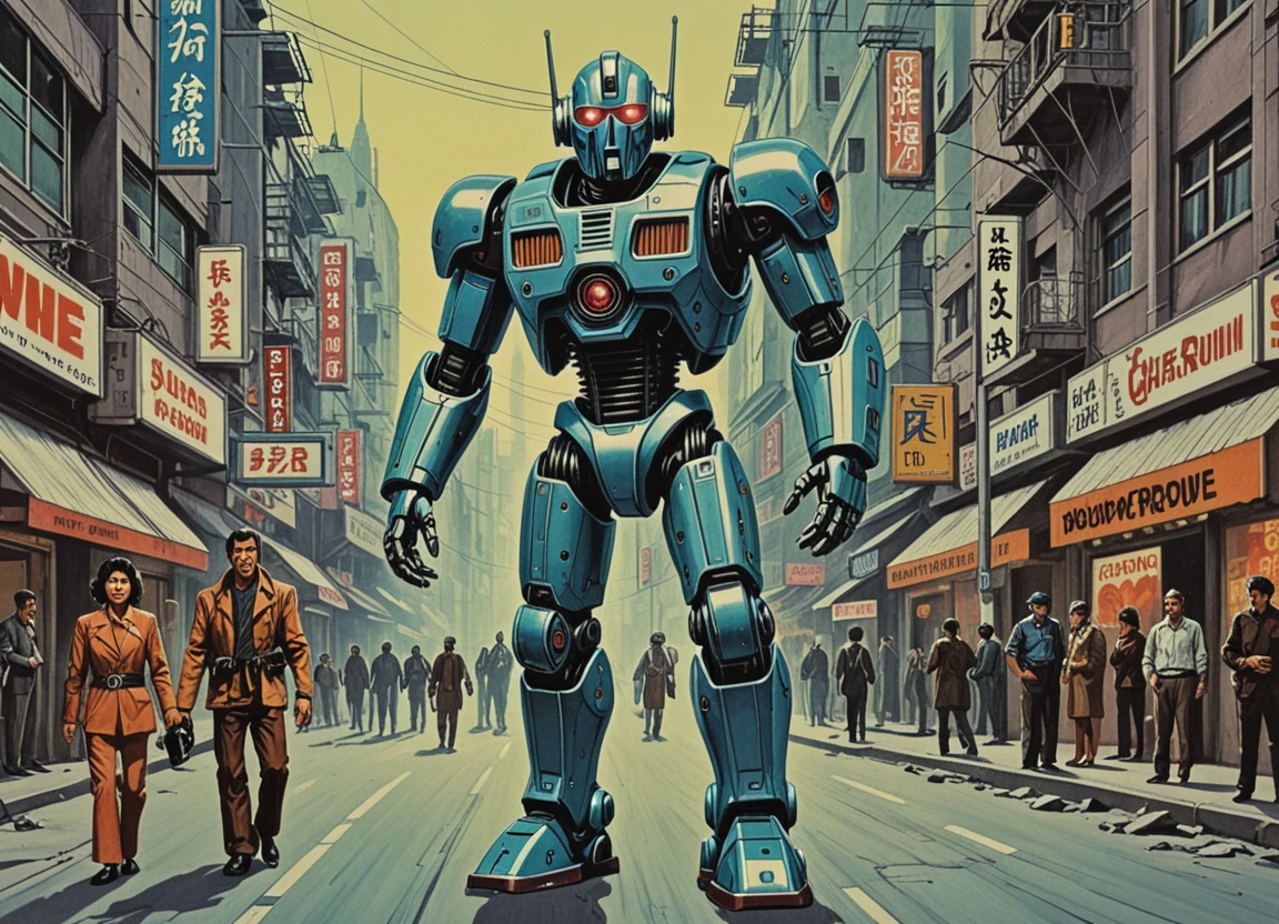 vntgpstr of a cyberpunk scifi robot in a street<lora:vintage_poster-000003:1>