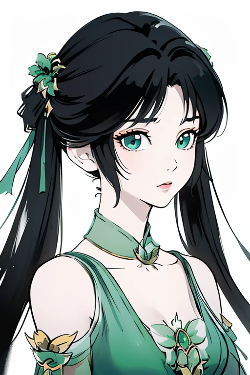 <lora:biyao:1>,biyao,1girl,solo,twintails,green dress,dress,(white background:1.5),upper body,Emerald,hair ornament,looking at viewer,black hair,long hair,(simple background:1.4),brown hair,clothing cutout,chinese clothes,shoulder cutout,
<lora:Freehand_Brushwork:0.6>,<lora:animeLineartMangaLike_v20Offset:0.4>,monochrome,lineart,(very long hair:1.3),
portrait,dynamic_angle,front view,kittew,cuteg,flat chest,small_breasts,, best quality , masterpiece, illustration, an extremely delicate and beautiful, extremely detailed ,CG,unity,8k wallpaper, Amazing, finely detail, masterpiece, best quality,official art,extremely detailed CG unity 8k wallpaper,absurdres, incredibly absurdres, huge filesize , ultra-detailed, highres, extremely detailed,beautiful detailed girl, extremely detailed eyes and face, beautiful detailed eyes,light on face,