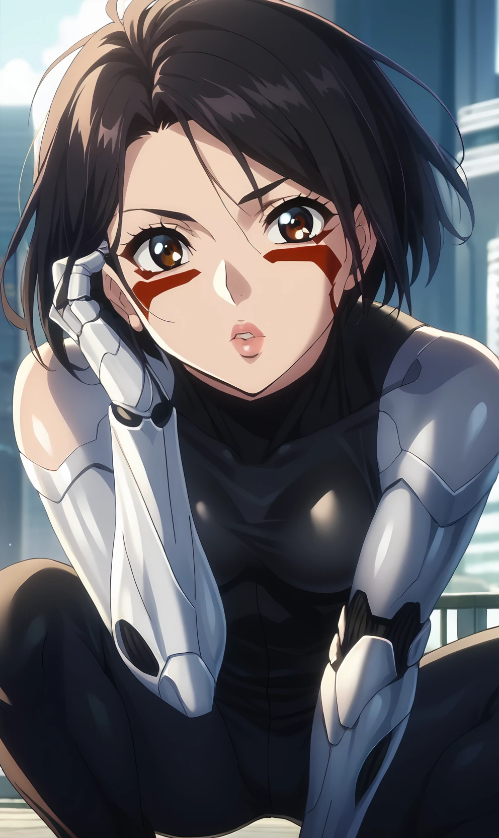 score_9, score_8_up, score_7_up, 1girl, source_anime, anime style, screencap, <lora:Gally:1> gallyxl, short hair, black hair, brown eyes, lips, facepaint, facial mark, bodysuit, pants, mechanical arms, robot skin, bare shoulders, android, cyberpunk, science fiction, parted lips, city, slav squatting, looking at viewer, cityscape, day, adjusting hair, <lora:anime_screencap:1.3> fine anime screencap_xl, anime_screencap, (flat color:1.1),