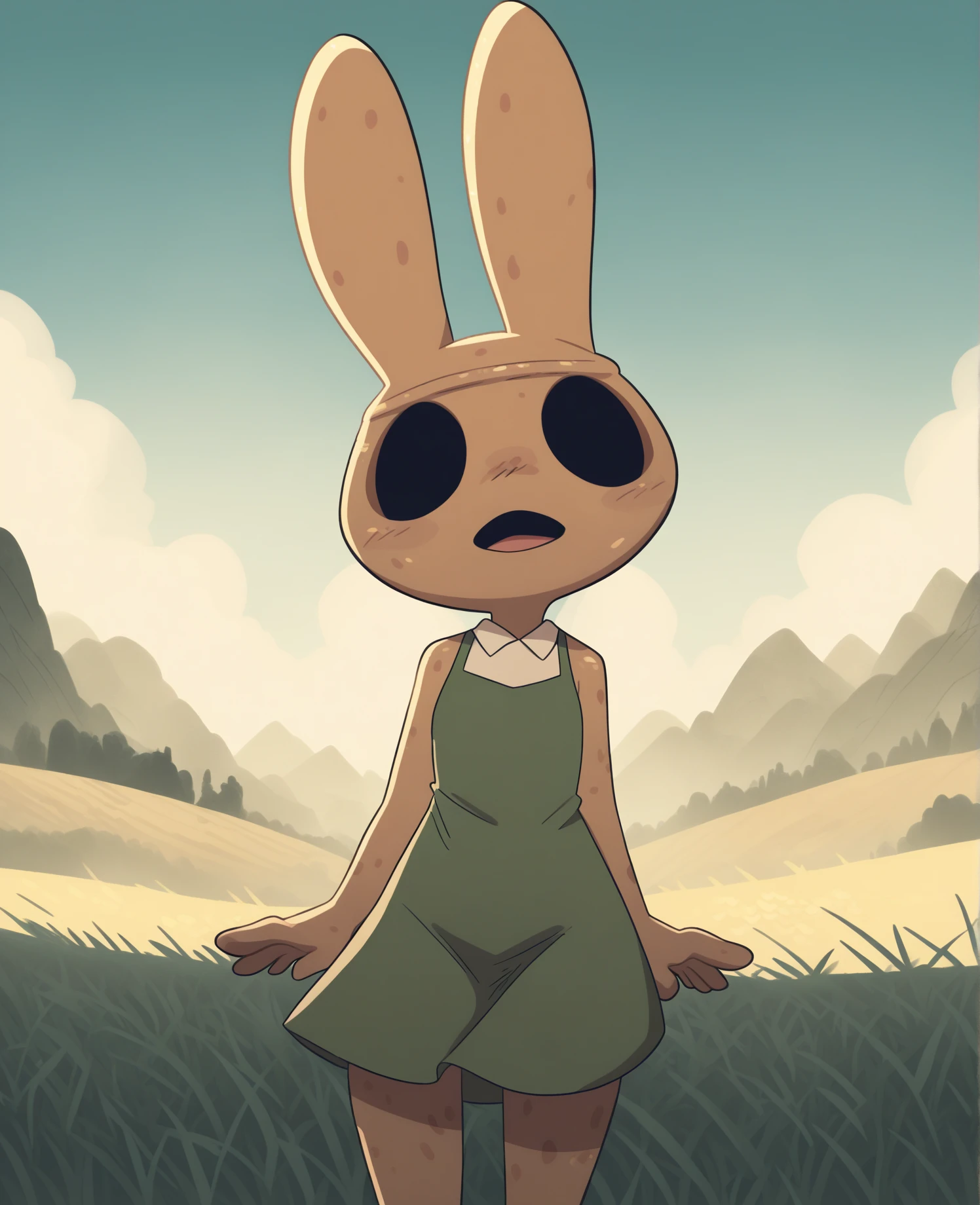 score_9, score_8_up, score_7_up, score_6_up, score_5_up, score_4_up, source_furry, cayz, fkg, coco \(animal crossing\), animate inanimate, gyroid, lagomorph, leporid, mammal, rabbit, anthro, biped, black eyes, clothed, clothing, empty eyes, female, noseless, open mouth, green clothing, dress, solo, standing, topwear, detailed background, outside, field, village, island, looking at viewer, simple eyes, simple face, from front, front view
<lora:coco_pdxl:1>