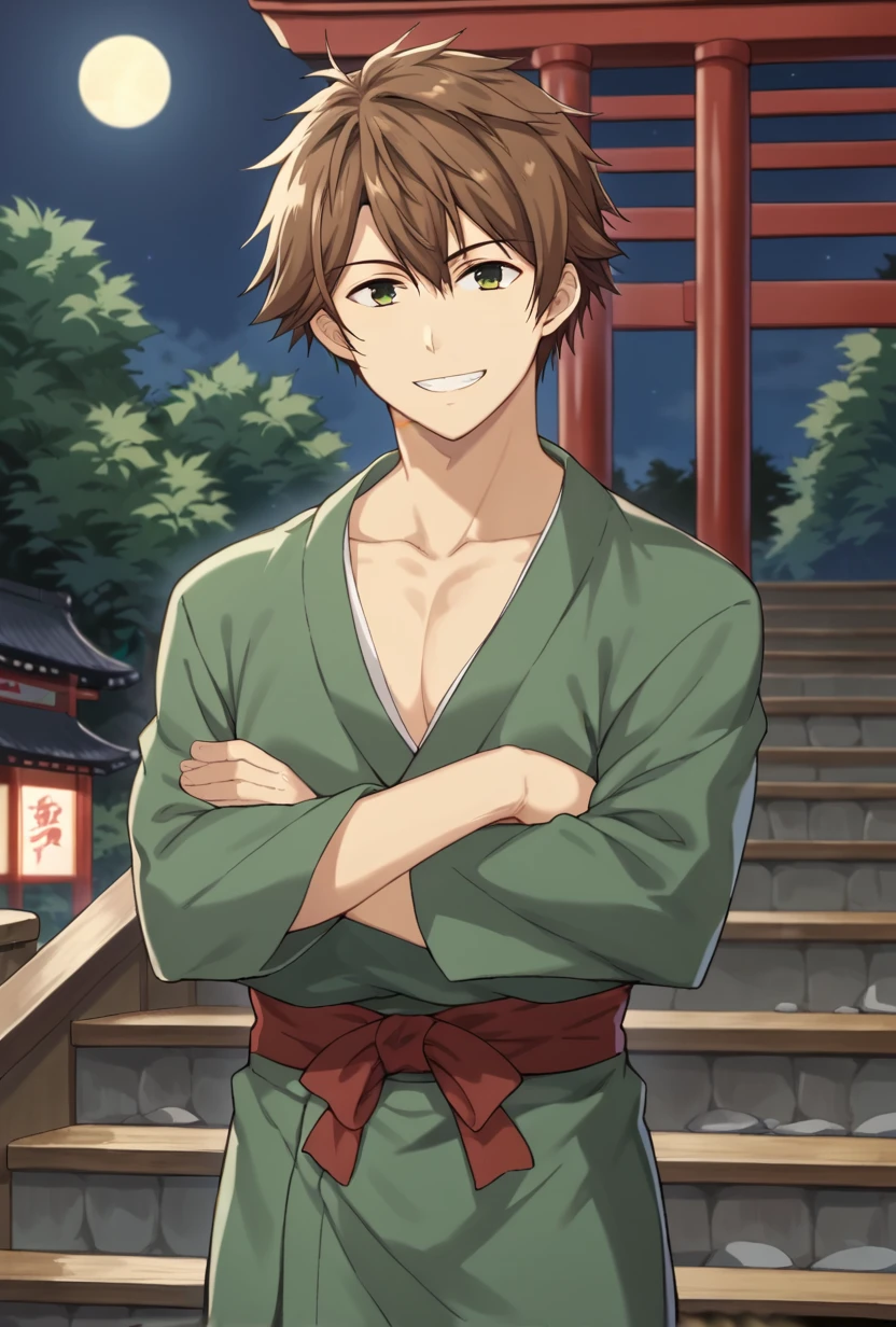 score_9, score_8_up, kajiwara akihito, 1boy, solo, brown hair, green eyes, dark red yukata, smile, teeth, crossed arms, looking at viewer, stairs, shrine, outdoors, night,towa herschel