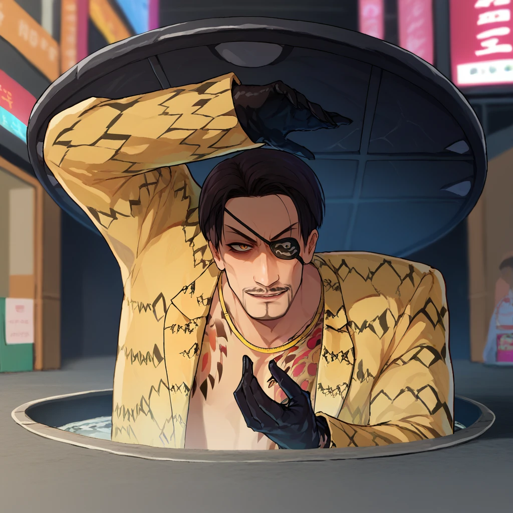 score_9, score_8_up, score_7_up,  1boy, Majima everywhere, manhole cover, arm up, <lora:Majima everywhere 3-000008:1>   majimaDEF, eyepatch, tattoo, necklace, jacket, animal print, open clothes, black gloves,     <lora:majima-guy-PONYv1:1>