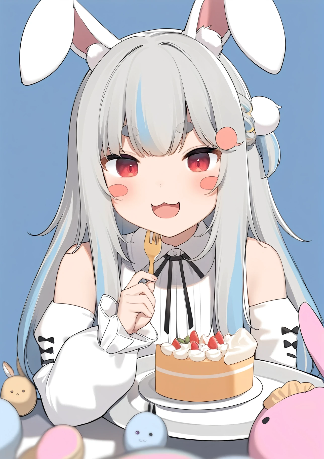 1girl,
amashiro natsuki,
stuffed animal, sleeveless, virtual youtuber, :3, grey hair, hair ornament, food, streaked hair, open mouth, long sleeves, white sleeves, animal ear fluff, puffy long sleeves, blush stickers, detached sleeves, sleeveless shirt, blue hair, cake, long hair, red eyes, rabbit ears, holding fork, blue background, shirt, stuffed toy, solo focus, holding plate, :d, braid, puffy sleeves, animal ears, stuffed rabbit, holding, plate, white shirt, multicolored hair, looking at viewer, thick eyebrows, short eyebrows, smile, eating, upper body, simple background, fork,
masterpiece, best quality, absurdres, highres, safe
<lora:amashiro_natsuki_image341_2024-03-28_a31-000030:1>