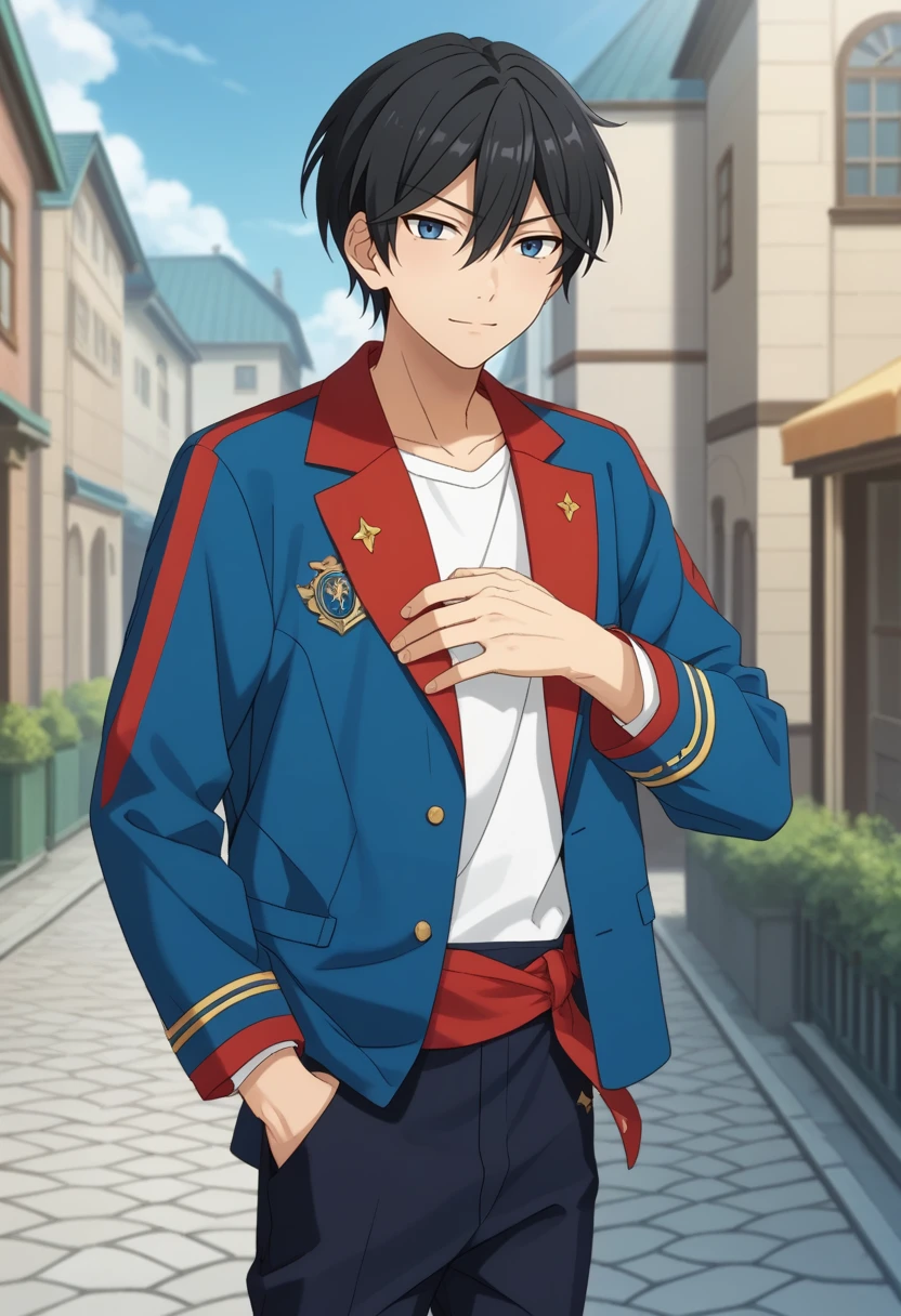 score_9, score_8_up, score_7_up, masterpiece, best quality, cute,Hokuto Hidaka, black hair, blue eyes, solo, male focus<lora:EMS-364669-EMS:1.000000>