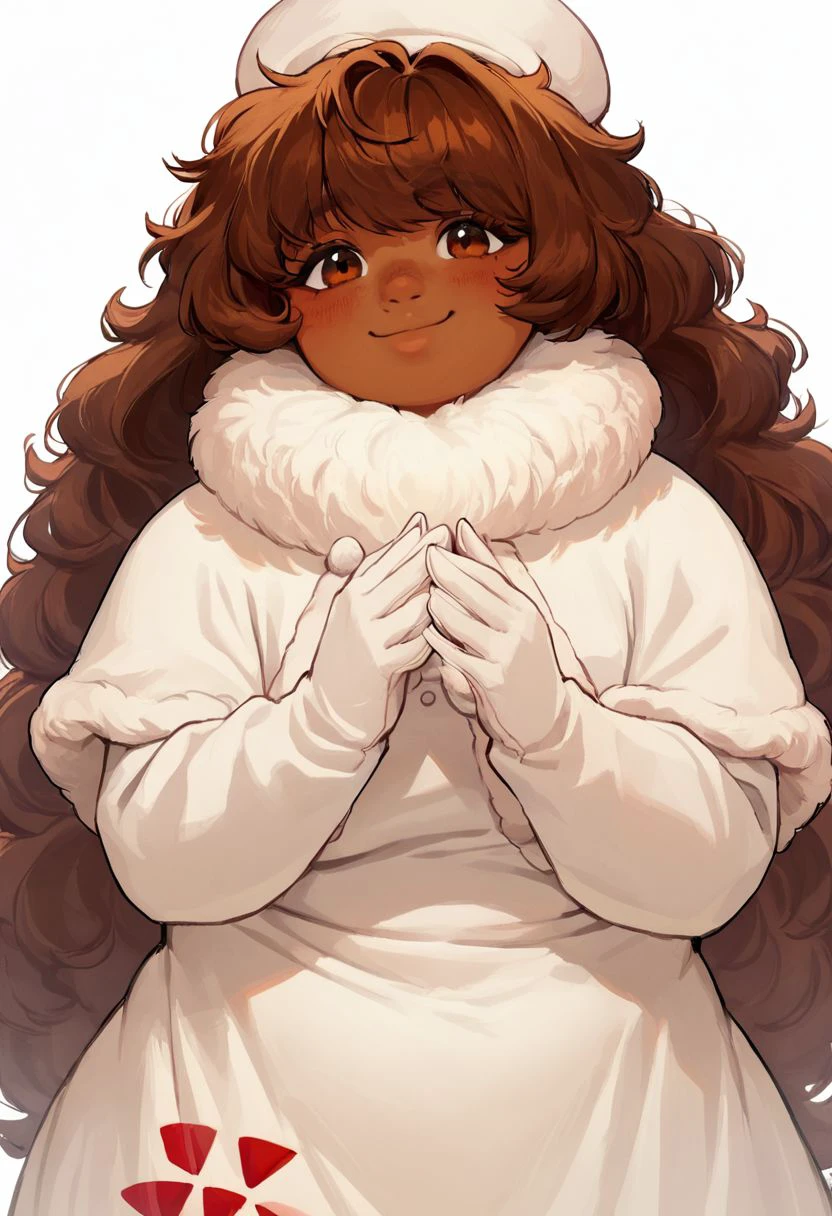 score_9, score_8_up, score_7_up, source_anime, solo, 1girl, CocoaCookie, long hair, brown hair, brown eyes, colored eyelashes, white eyelashes, dark skinned girl, hat, neck fluff, white dress. boobs, chubby, fluffy clothes, white gloves, layered clothes, smile, portrait, close up, halfbody, looking at viewer, standing, white background