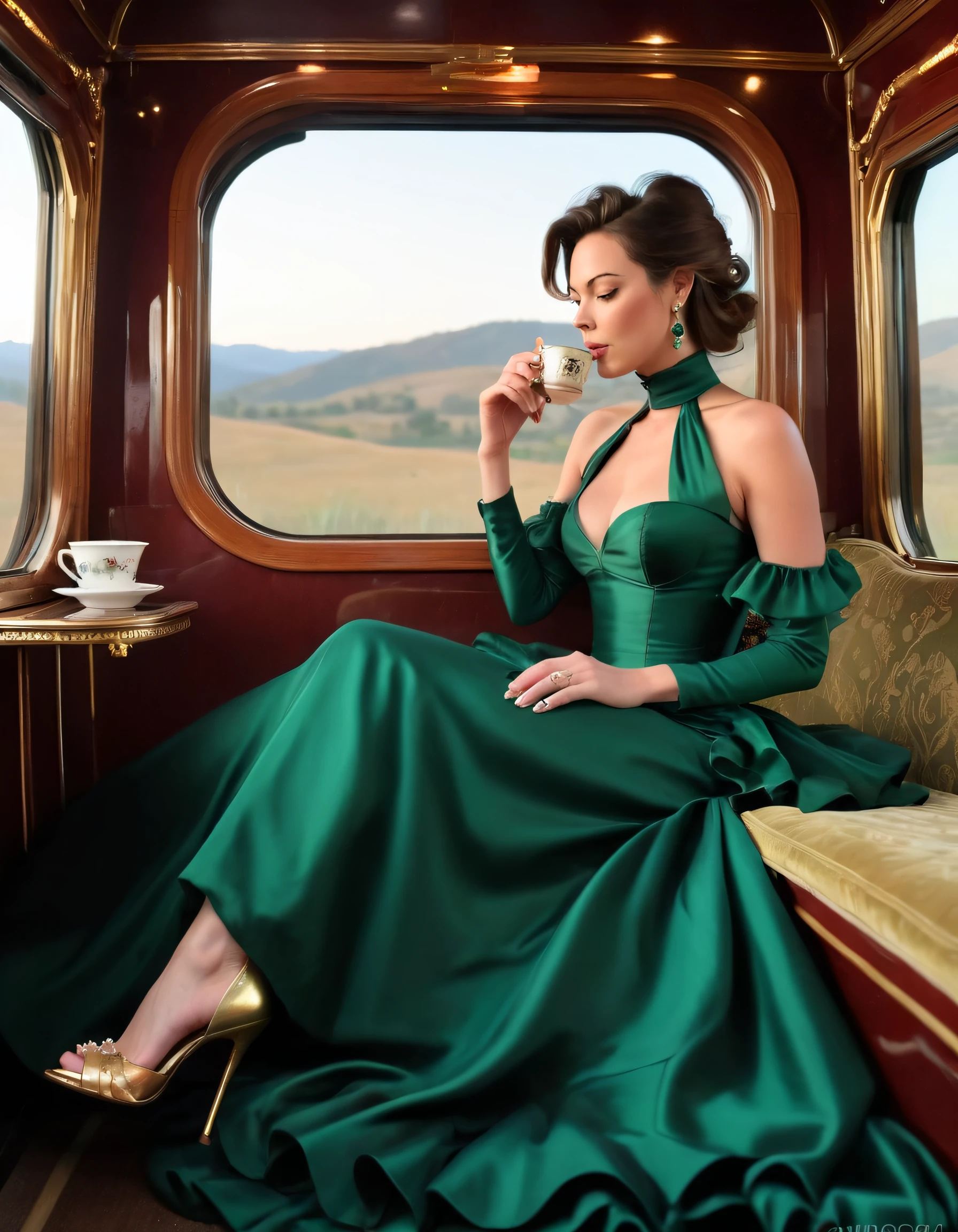 Victoria Rose, dressed in a stunning emerald silk gown with subtle ruching and a high-neck collar, accessorized by glittering gold pearl earrings and exquisite strappy stiletto heels, gracefully sat on the vintage train winding through picturesque rolling hills as the starlit sky lit up above her, reflectively sipping steaming Earl Grey tea from a delicate porcelain teacup while lost in memories. <lora:trouij18f21b09f5bv2dc:1>