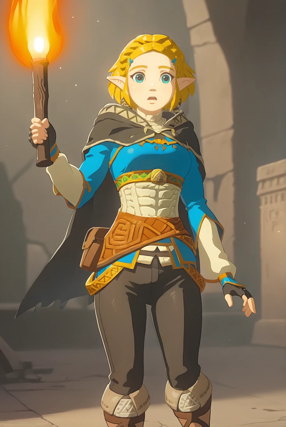 score_9, score_8_up, score_7_up, score_6_up, score_5_up, score_4_up, BREAK source_anime, 1girl, solo,
<lora:ZeldaXL-v2-07:1.0>, ChopioZelda, blonde hair, aqua eyes, pointy ears,
medium breasts,
short hair, crown braid, sidelocks, parted bangs, hairclip,
outfit_1, blue crop top, gold trim, white undershirt, breastplate, layered sleeves, brown sash, black gloves, fingerless gloves, black pants, knee boots, brown footwear,
black cape, hooded cape,
aztec, ruins, dark, cave, holding torch, surprised, parted lips, fire,