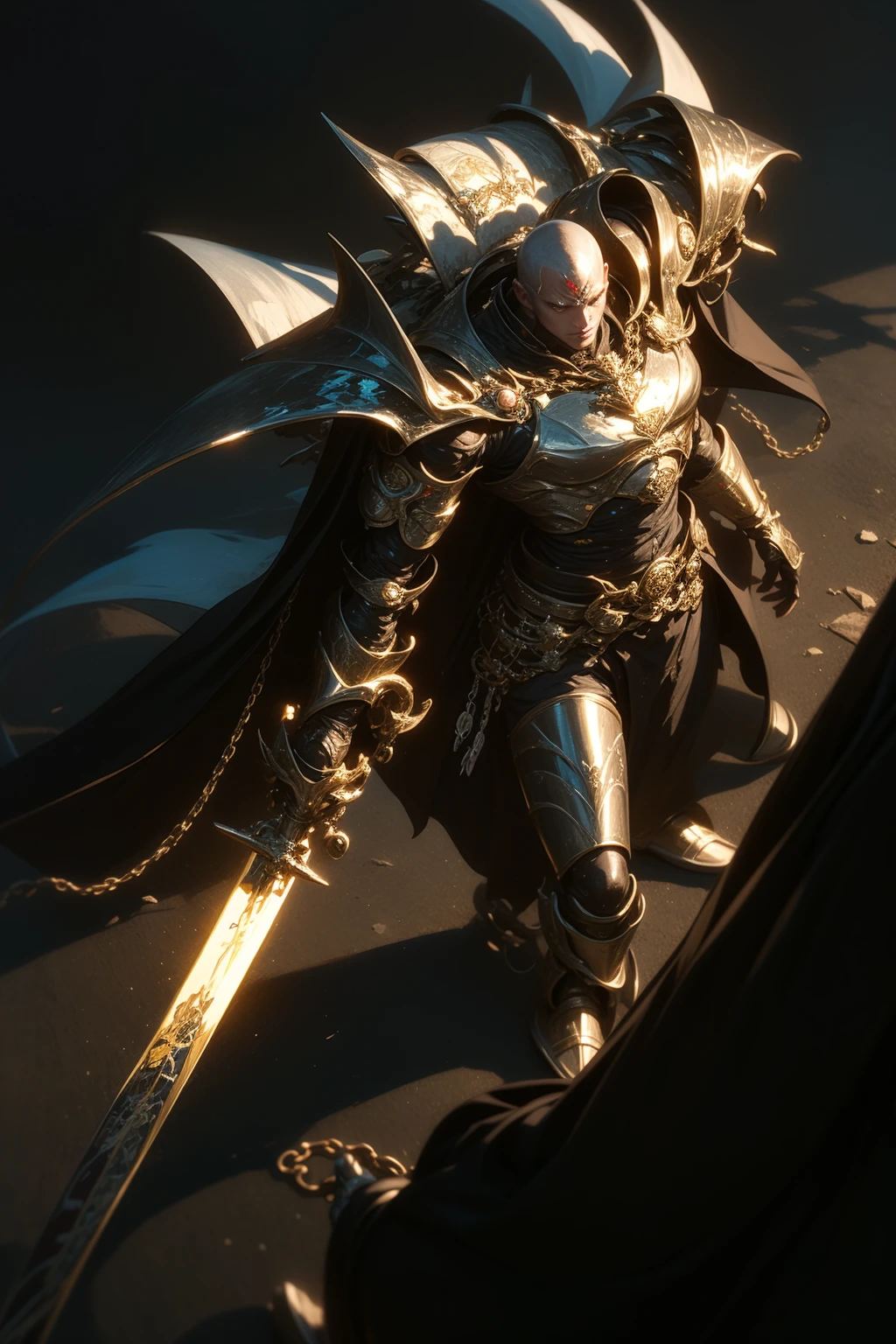 from above,1boy,mecha,<lora:Zfh_Super_composition:0.3>,togare,gem,crystal,chain armor,cloak,katana,black_background,glowing,reflection,