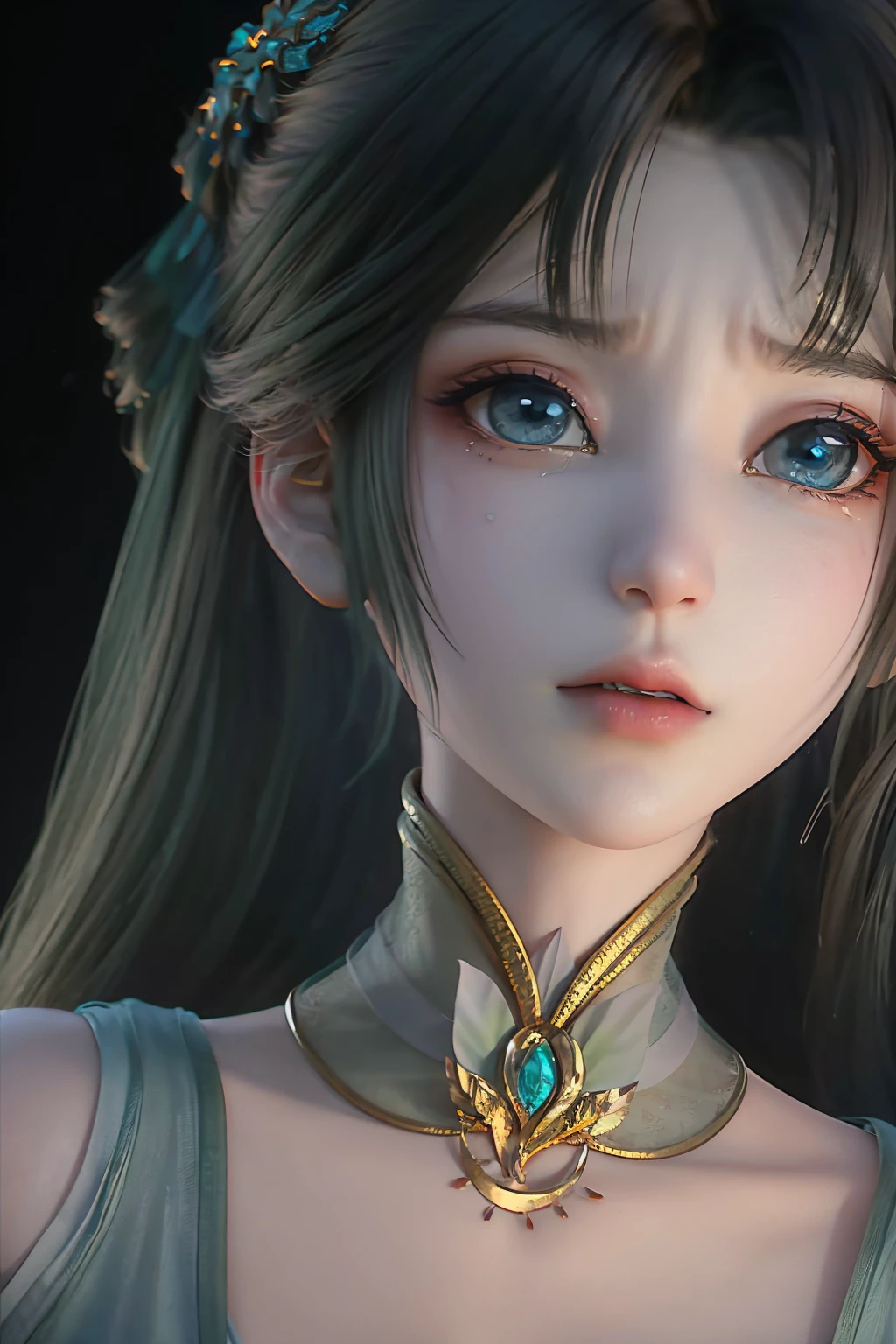 <lora:biyao>,biyao,1girl,solo,dress,twintails,black hair,hair ornament,long hair,Emerald,looking at viewer,jewelry,clothing cutout,blue dress,(simple background:1.3),blue eyes,hair bun,earrings,shoulder cutout,double bun,(black background:1.3),teardrop,(streaming_tears:1.3),(frustrated:1.3),tears,, best quality , masterpiece, illustration, an extremely delicate and beautiful, extremely detailed ,CG,unity,8k wallpaper, Amazing, finely detail, masterpiece, best quality,official art,extremely detailed CG unity 8k wallpaper,absurdres, incredibly absurdres, huge filesize , ultra-detailed, highres, extremely detailed,beautiful detailed girl, extremely detailed eyes and face, beautiful detailed eyes,light on face,