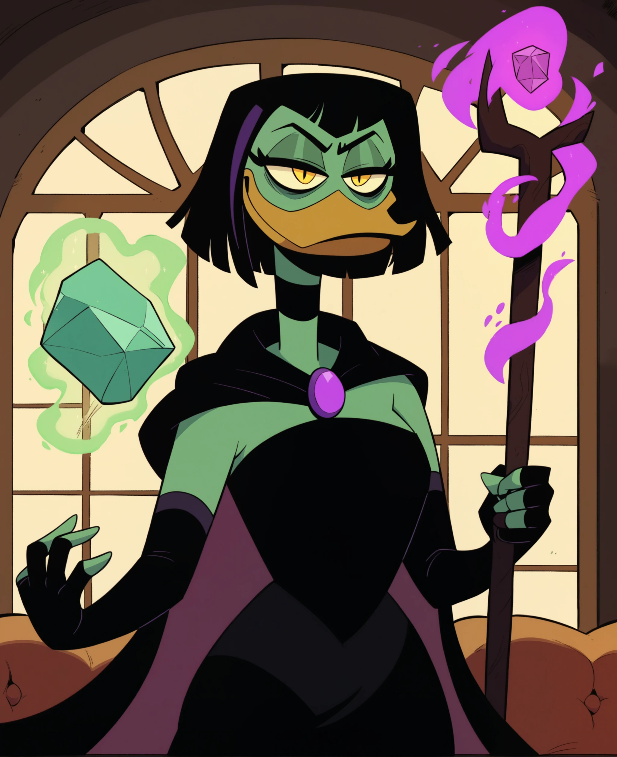 score_9, score_8_up, score_7_up, score_6_up, best quality, highres, source_furry, masterpiece, BREAK
1girl, mansion, indoors, female, solo, duck, green skin, mature female, cape, short hair, black hair, black dress, purple amulet, elbow gloves, choker, yellow eyes, narrowed eyes, bags under eyes, fingerless_gloves, seductive, curvy, holding black staff, magic_user, purple energy, <lora:Magica_De_Spell_V3:0.8>