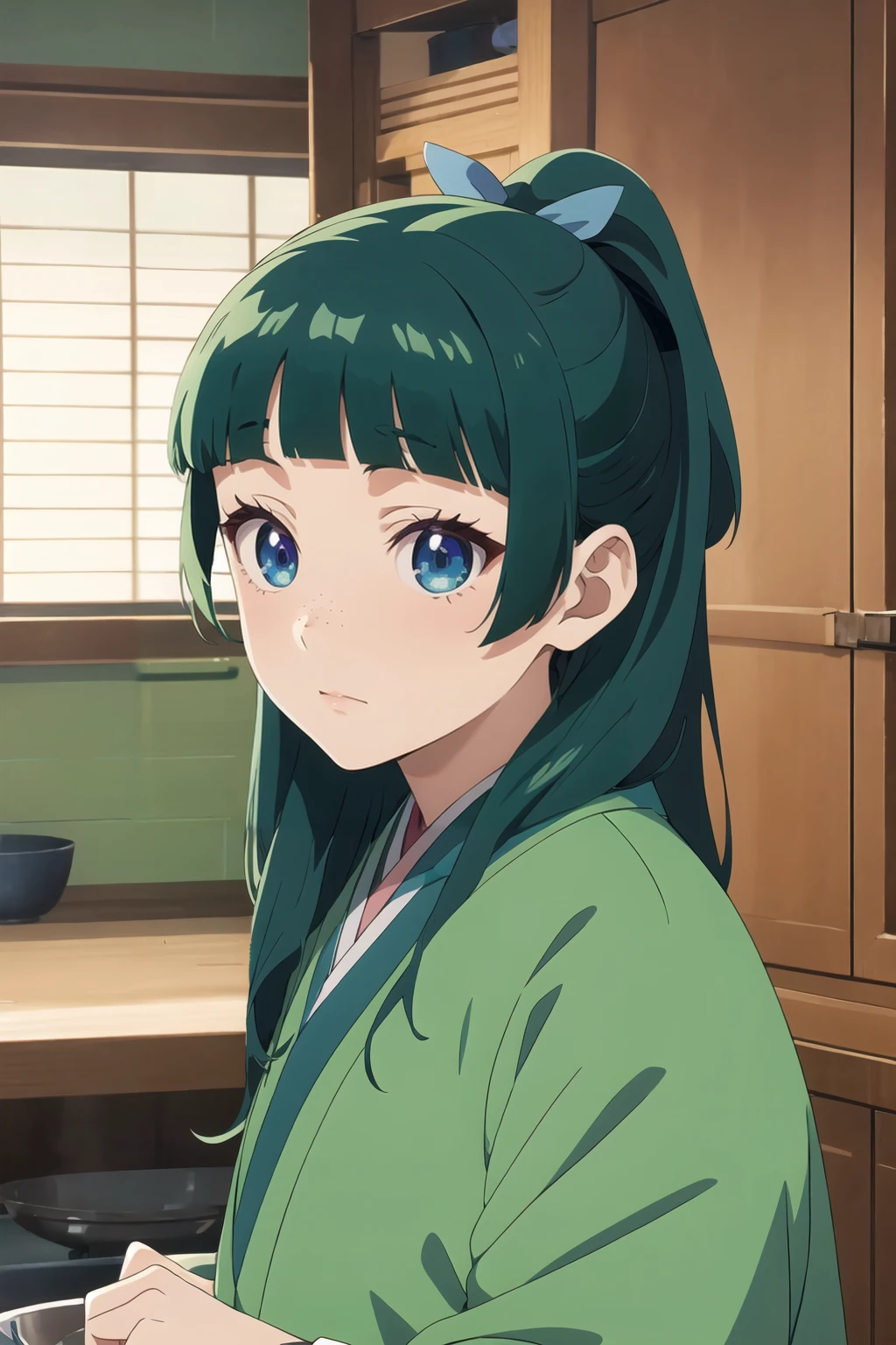 Maomao, anime girl with blue eyes and green hair in a kitchen, 1girl, solo, long hair, bangs, blue eyes, closed mouth, upper body, japanese clothes, green hair, indoors, blunt bangs, kimono, freckles, <lora:The_Apothecary_Diaries_-_Maomao_Xiao_Mao R2:0.8>