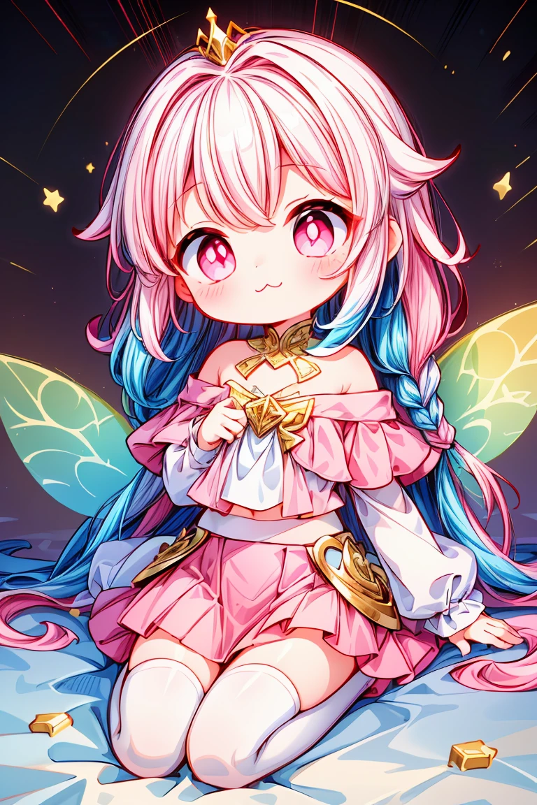 (8k wallpaper,incredibly_absurdres:1.5),(multicolored pink fairy theme,fairy,goddess,princess,:3:1.3),best quality,Epic,highly detail,Illustration,Cover,album_art,professional_artwork,1girl,(cute:1.5),solo,sitting,long_hair,braid,((Spectacular)), ((Unparalleled)), ((Phenomenal)), ((Exquisite)), ((Astounding)), ((Intricate)), anime, Slice of Life, Heartwarming, Minimal Plot, vector art, Geometric design, Scalable art, Digital vector, ethereal lighting, Dreamlike light, (white and pink outfit,gold_miniskirt:1.5), Otherworldly illumination, Transcendent atmosphere, 50mm, Standard lens, Nifty fifty, Versatile focal length,princess,white marble glowing skin,white_stockings,white_off-shoulder_sweater,pink_bubble_skirt,(looking_away:1.3),wide_shot,head_tilt,(multicolored_hair,multicolored_clothes,multicolored_eyes,multicolored_background,pink_eyes,white_hair:1.4)