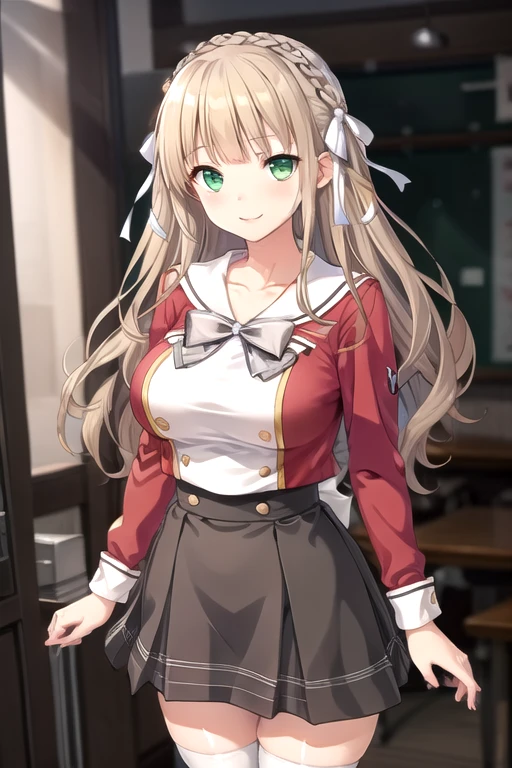 ((masterpiece)),(best quality),official art,extremely delicate and beautiful,extremely detailed CG,unity 8k wallpaper,ultra detailed,beautiful detailed eyes,extremely detailed face,outdoors,1girl,solo,cowboy shot,,looking at viewer,facing viewer,smile,Azuma Suzuna,long hair,brown hair,wavy hair,crown braid,hair ribbon,white ribbon,hair bow,white bow,sidelocks,blunt bangs,green eyes,school uniform,collarbone,white sailor collar,black bowtie,red shirt,large breasts,long sleeves,double-breasted,high-waist skirt,grey skirt,pleated skirt,zettai ryouiki,white thighhighs,loafers,<lora:Azuma Suzuna(sdg):0.4>,