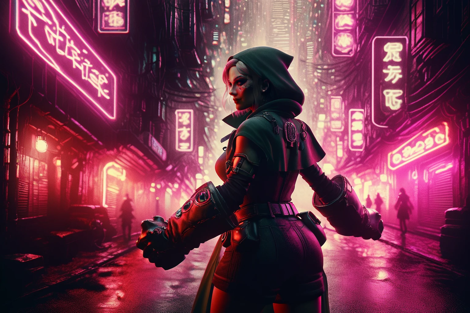 score_9, score_8_up, score_7_up, masterpiece, high quality
<lora:GullyPonyLora:0.7> 1girl, cloak, gloves, oversized limbs, belt, short hair, hood, pouch, top, shorts, smile, fist fight pose, in a futuristic city, cyberpunk, neon lights, at night,
<lora:Neon_Noir_Pony:1> mad-neon-noir, street, woman, alley