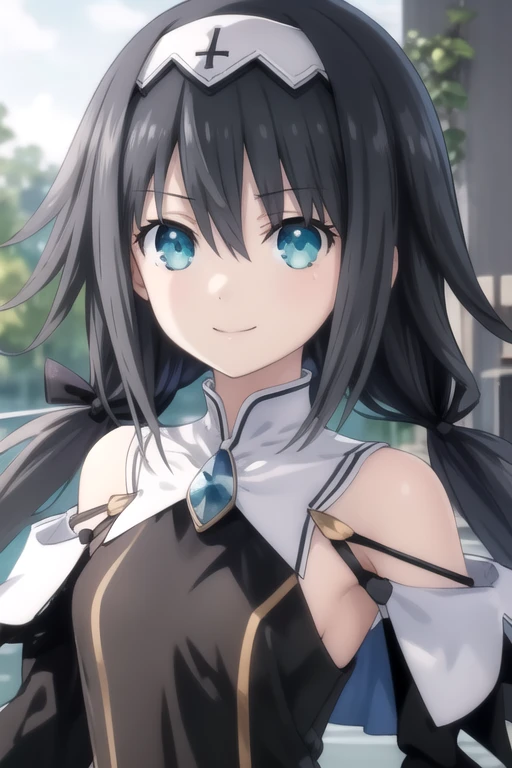 ((masterpiece)),(best quality),official art,extremely delicate and beautiful,extremely detailed CG,unity 8k wallpaper,ultra detailed,beautiful detailed eyes,extremely detailed face,outdoors,1girl,solo,upper body,(portrait:1.5),looking at viewer,facing viewer,smile,Nibelcole,very long hair,black hair,multicolored hair,low twintails,headband,white hairband,hair ribbon,black ribbon,hair bow,sidelocks,hair between eyes,bangs,aqua eyes,glowing eyes,bare shoulders,collarbone,black dress,sleeveless dress,black ribbon,small breasts,detached sleeves,long sleeves,white skirt,see-through,zettai ryouiki,black thighhighs,thigh boots,cross-laced footwear,black footwear,<lora:Nibelcole(dal)>,<lora:TSNeptunia-000045:0.5>,