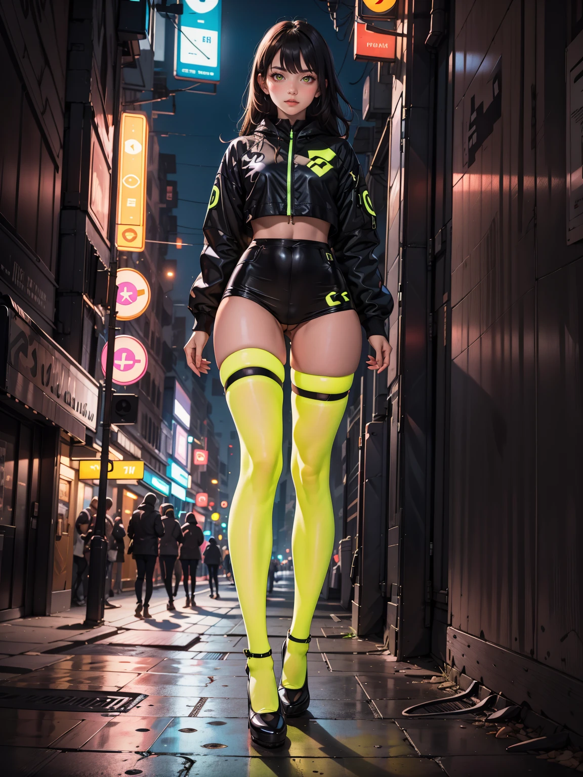 standing, 1girl, glowing neon yellow thighhighs, black backround, <lora:neonthighlingeriesdxlv2:0.5>