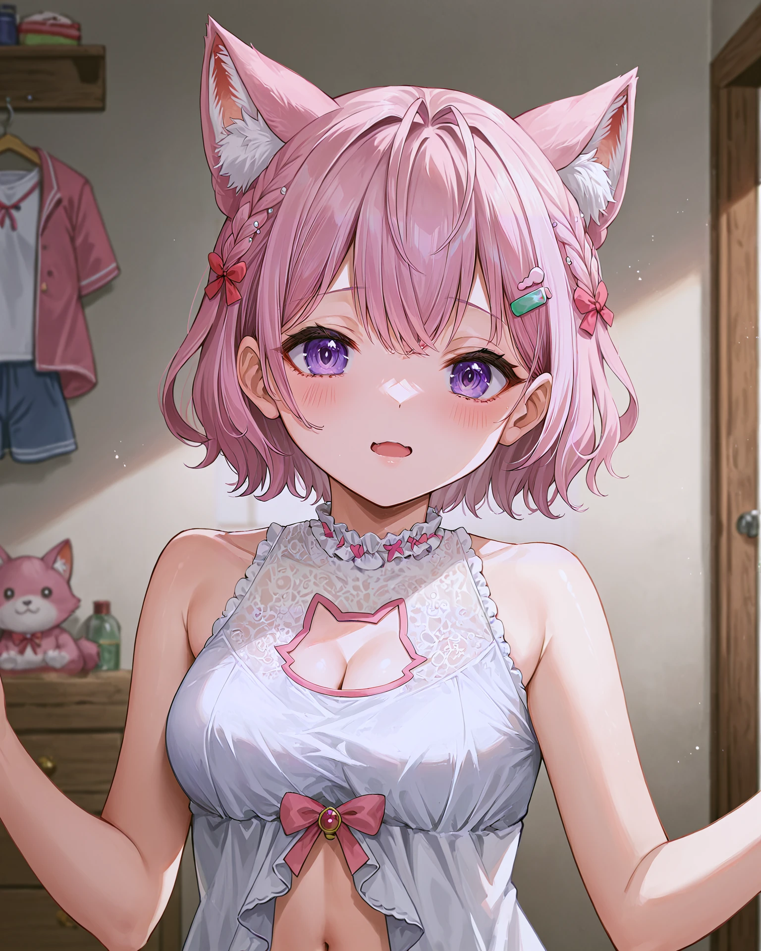 Hairy fennec, focus on face, standing, beautiful lights and shadows, short flying vosted, small breast, detailed body, sheet pink nightgown, pink tied panties , shy smile