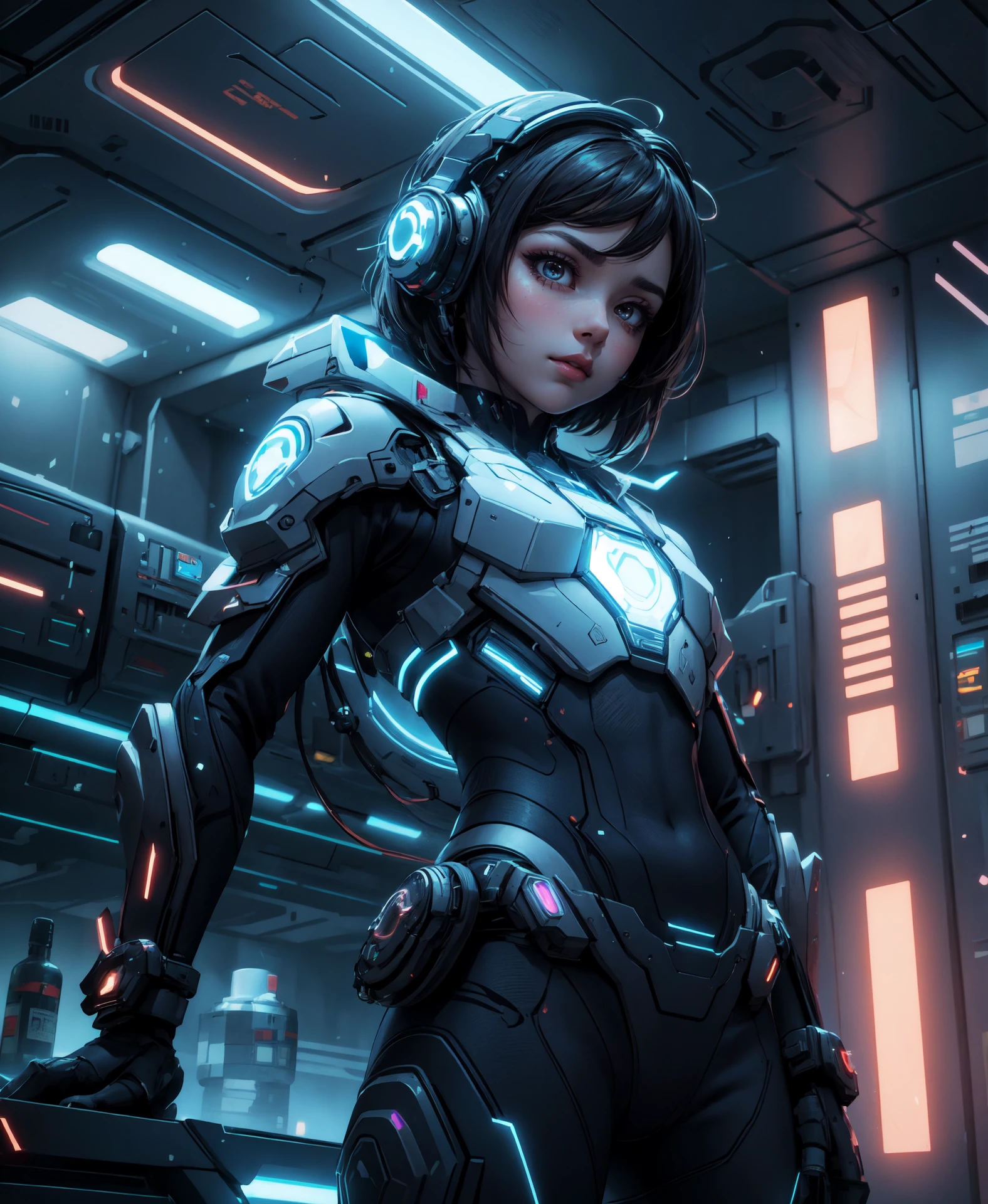 ((stylized image, abstract background, pilot, futuristic, close up, from below, leaning over, looking down at viewer, neon-lights, glowing, attitude)), ((8k, best quality, masterpiece, Rule of thirds)), ((light play, shadow play)),