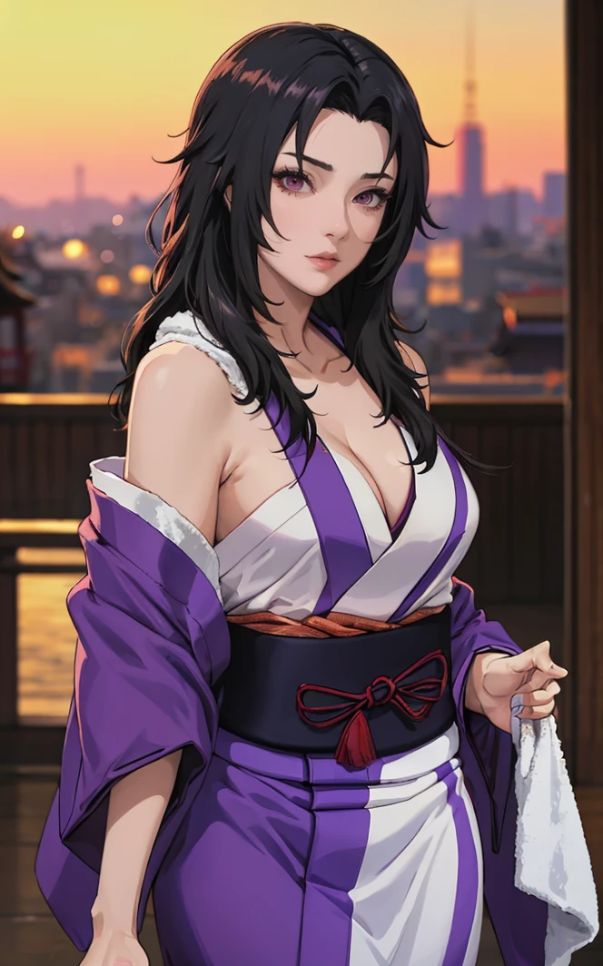 outdoors, lens flare, depth of field, bokeh, vanishing point, solo, looking at viewer,((masterpiece, best quality)), BREAK
Kimono_KurenaiYuhi_ownwaifu,
1girl, black hair, long hair, medium breasts, red eyes, collarbone,
cleavage, japanese clothes, kimono, towel around neck, yukata, haori, purple kimono, towel,
(contrapposto, looking back:0.8)<lora:NARUTO_Kunoichi_KurenaiYuhi_ownwaifu:0.75>,
insaneres, absurdres,
