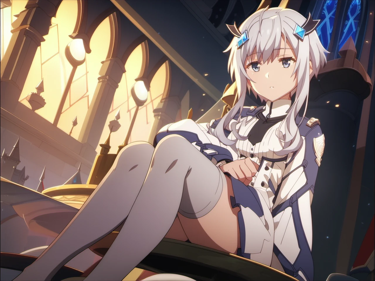 MishaNecron, 1girl, solo, short hair with long locks, uniform, gray hair, gray thighhighs, hair ornament, fantasy, castle, perfect lighting, anime screencap, short tie, <lora:NecronSistersSDXL-32-32-C-bf16:1>, white dress, score_8_up, score_7_up, score_6_up, blue eyes, long sleeves