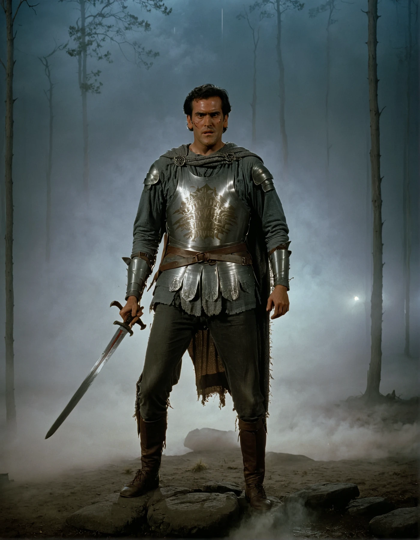 a photo of ashwll man wearing mail armor,full body shot,holding a sword,cinematic,volumetric fog,film grain